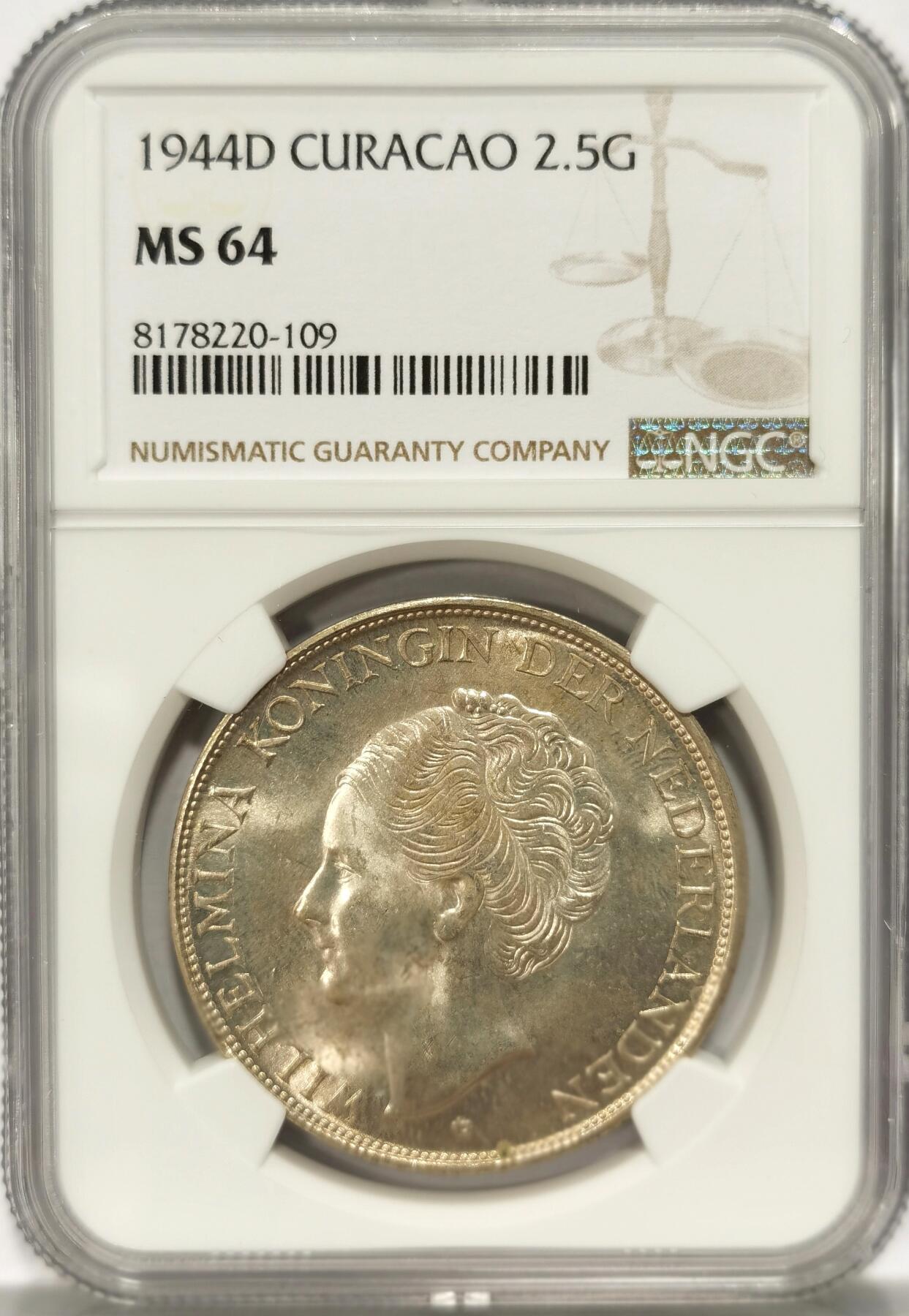 博洋堂世界钱币拍卖第086期（全场包邮） NGC MS64 荷属库拉索1944年威廉明娜2.5盾大银币