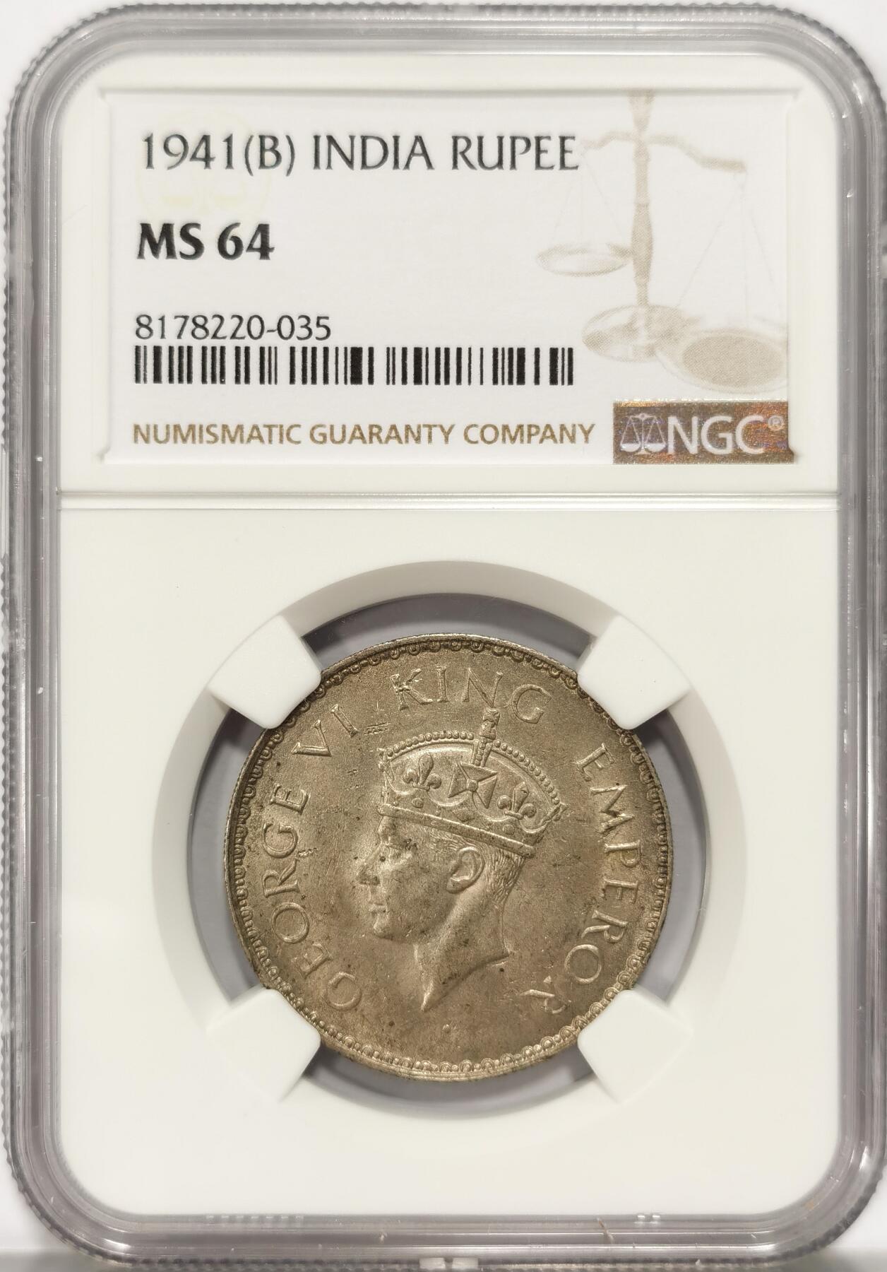 博洋堂世界钱币拍卖第086期（全场包邮） NGC MS64 英属印度1941年乔六1卢比银币 冠军分