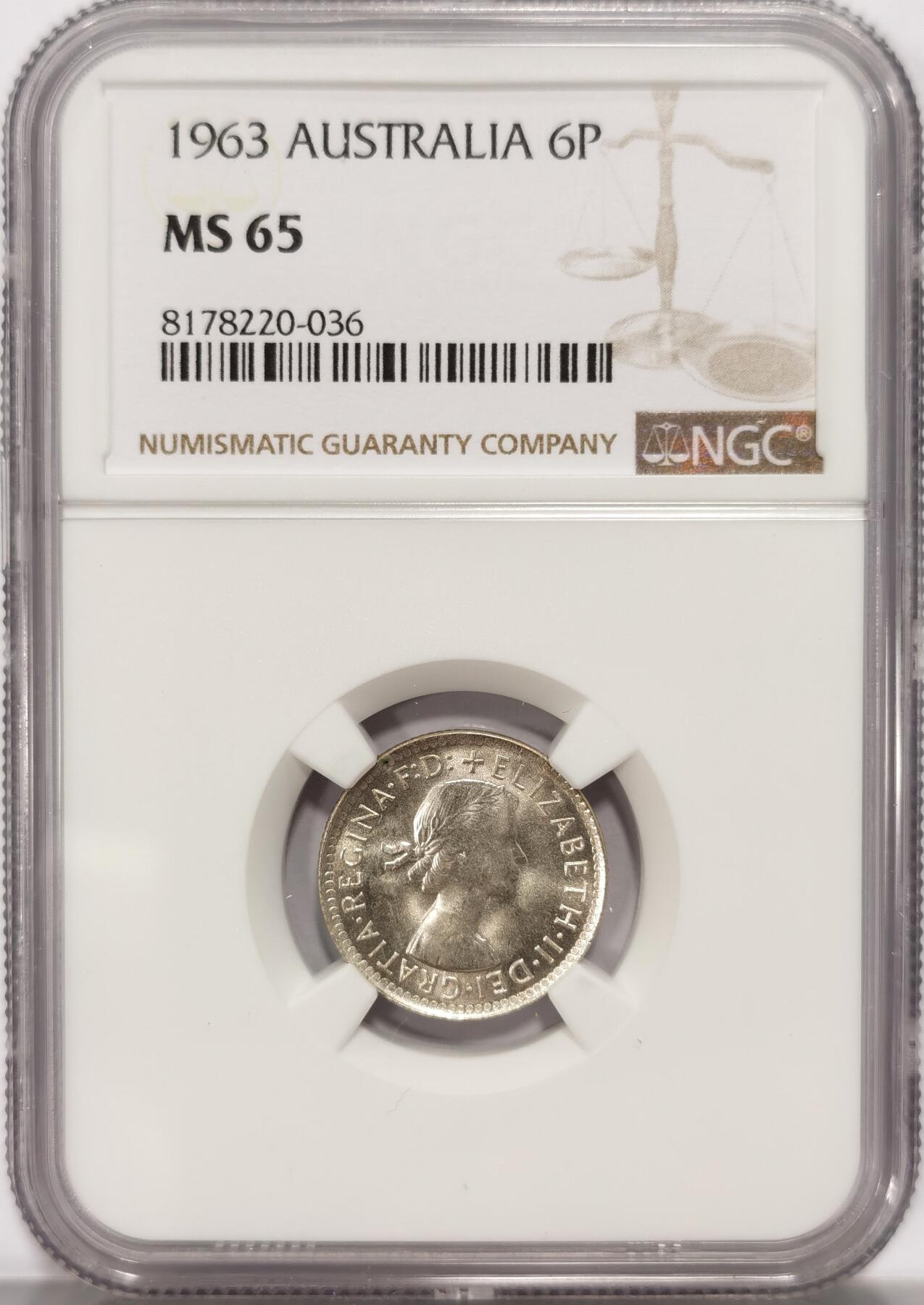 博洋堂世界钱币拍卖第086期（全场包邮） NGC MS65 澳大利亚1963年6便士银币