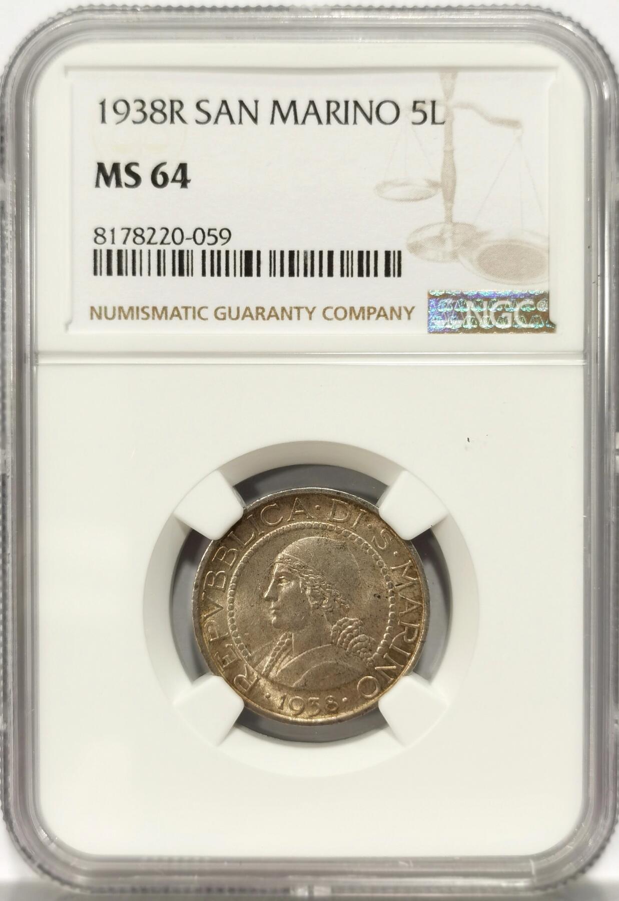 博洋堂世界钱币拍卖第086期（全场包邮） NGC MS64 圣马力诺1938年5里拉银币