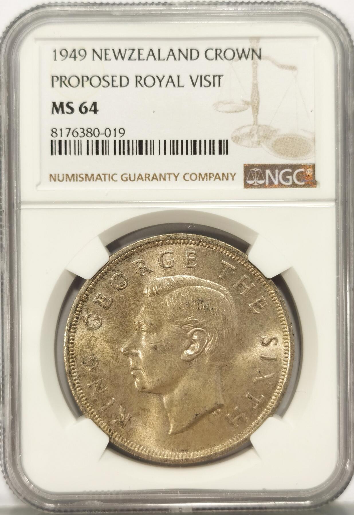 博洋堂世界钱币拍卖第086期（全场包邮） NGC MS64 新西兰1949年乔六1克朗，BU品相，原厂黄油覆盖币面