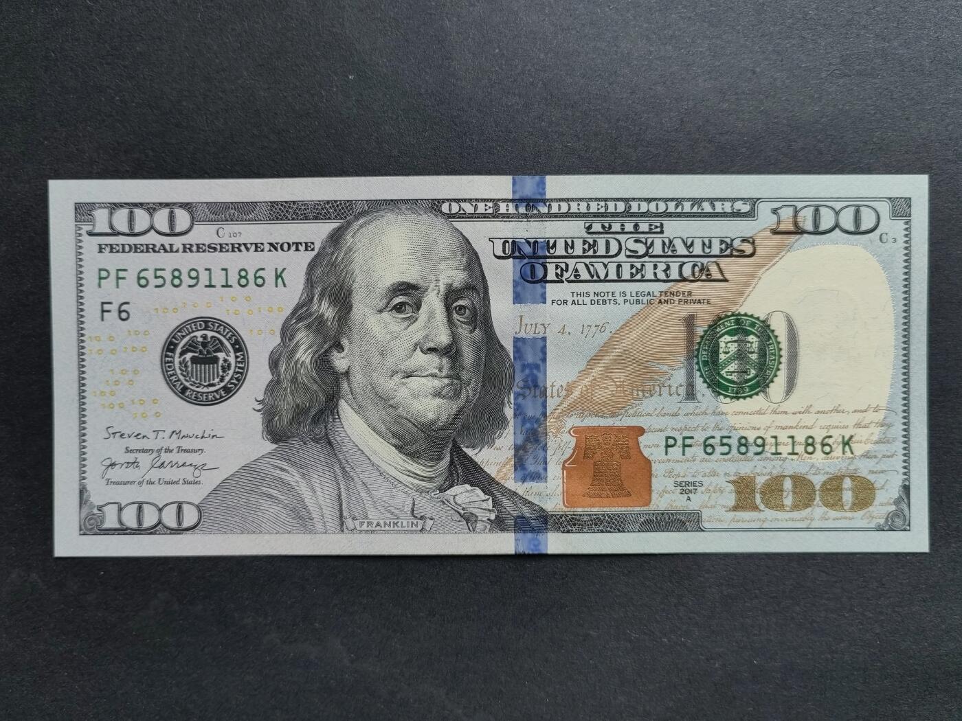 外中纸币专场240801第七场 2017A100美元，无4.7，全新品相UNC。