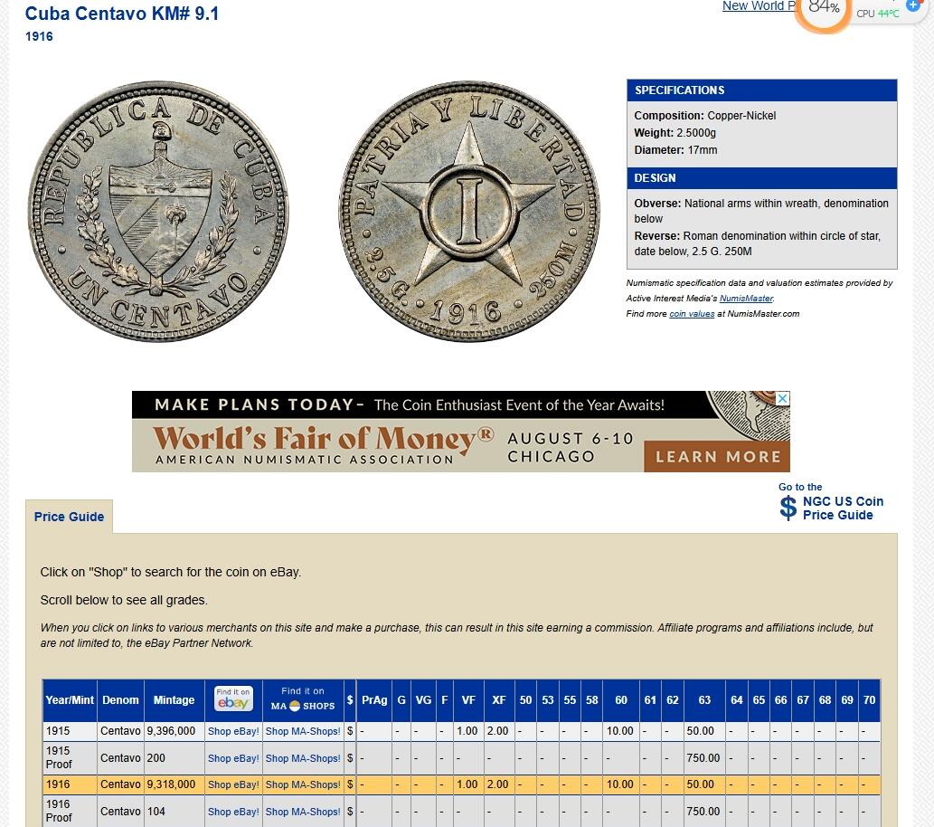 长老汇龙年精选第十五场拍卖 1916 古巴1分铜镍币，NGC MS63