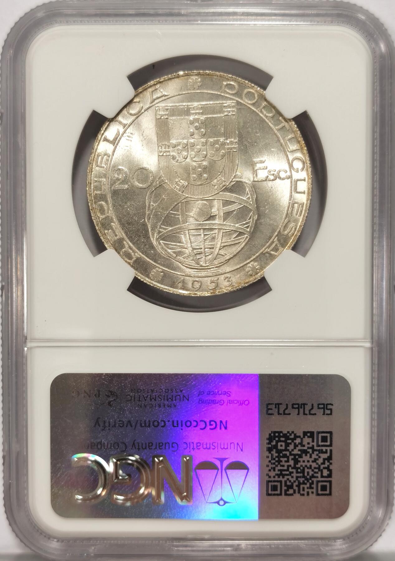 博洋堂世界钱币拍卖第086期（全场包邮） NGC MS63 葡萄牙1953年金融改革25周年20埃斯库多银币