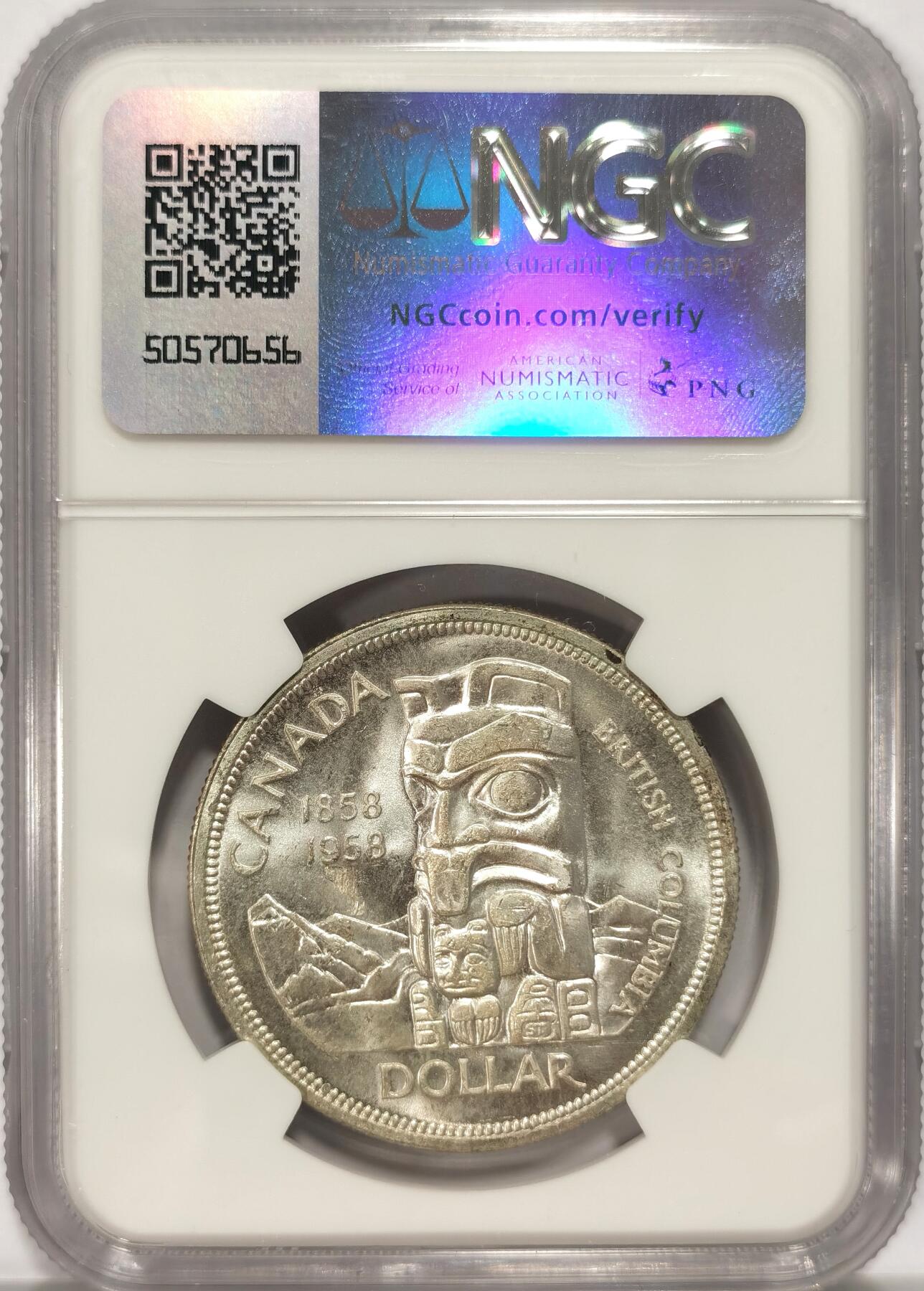 博洋堂世界钱币拍卖第086期（全场包邮） NGC MS64 加拿大1958年哥伦比亚百年纪念1元银币