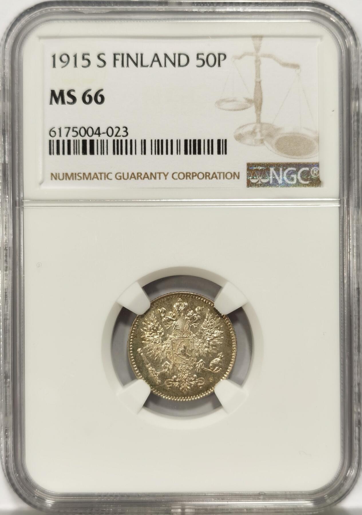 博洋堂世界钱币拍卖第086期（全场包邮） NGC MS66 俄占芬兰1915年S双头鹰50P银币 高分币