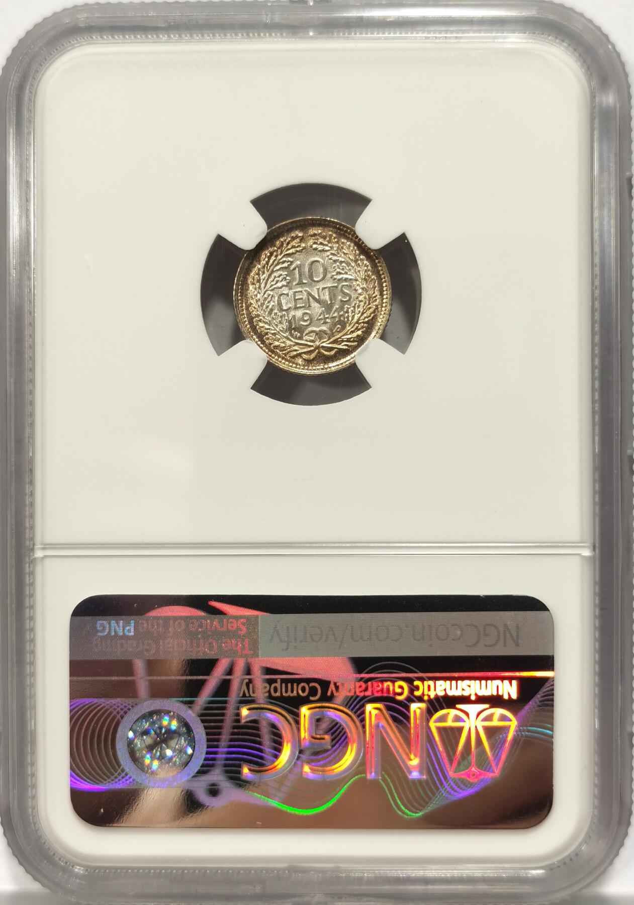 博洋堂世界钱币拍卖第086期（全场包邮） NGC MS64 荷兰1944年P威廉明娜女王10分银币 五彩光