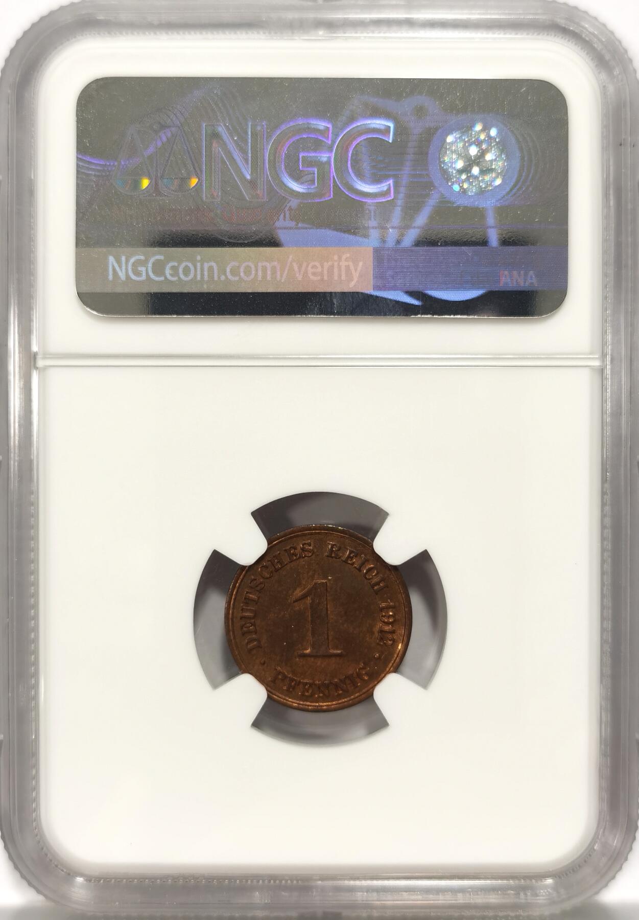 博洋堂世界钱币拍卖第086期（全场包邮） NGC MS63RB 德国德意志第二帝国1912年G1芬尼铜币