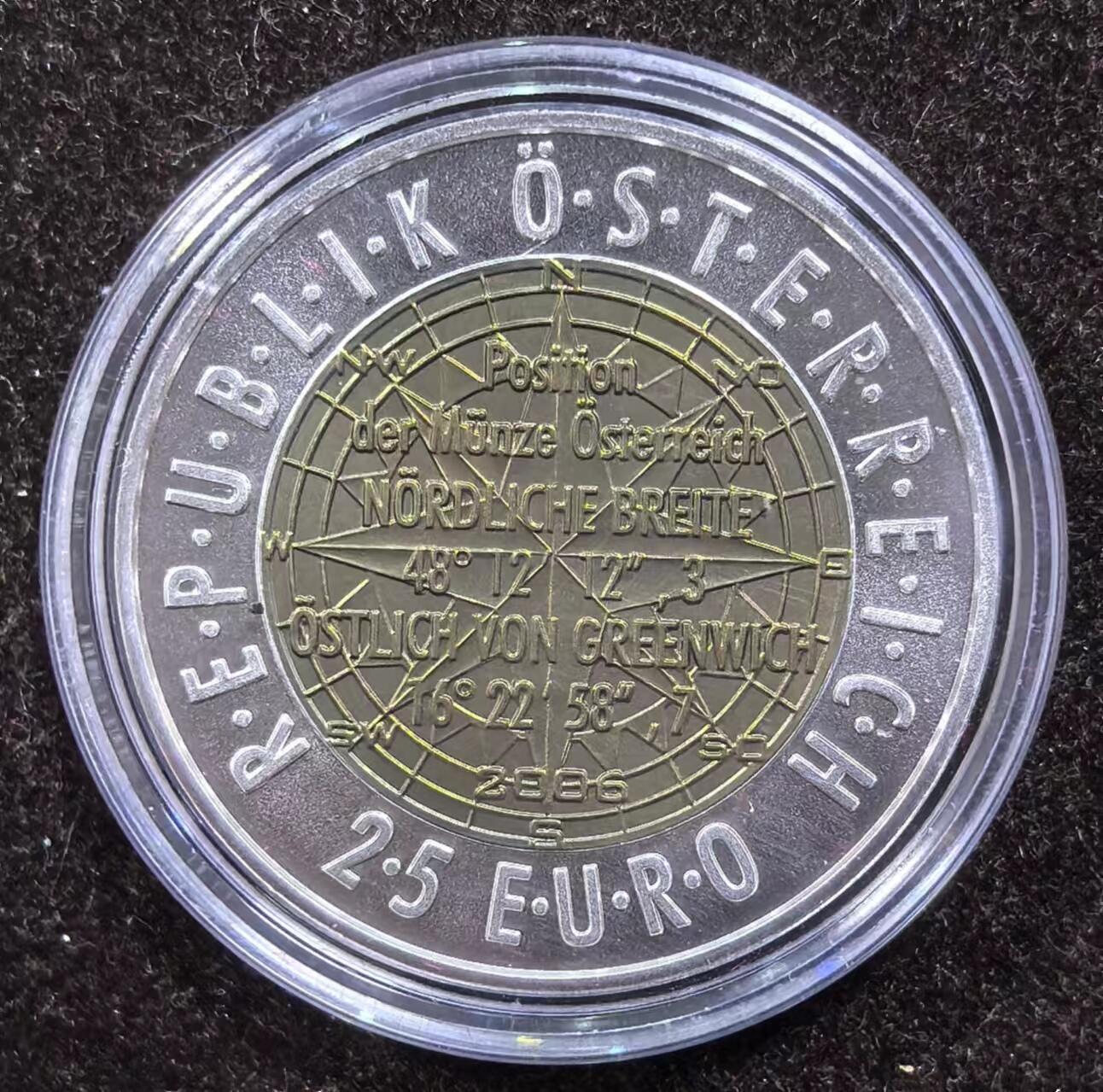 北京马甸外国币专卖微拍第124期，外国金银币专场，陆续上新，欢迎关注 2006年奥地利欧洲卫星导航银铌双金属纪念币，