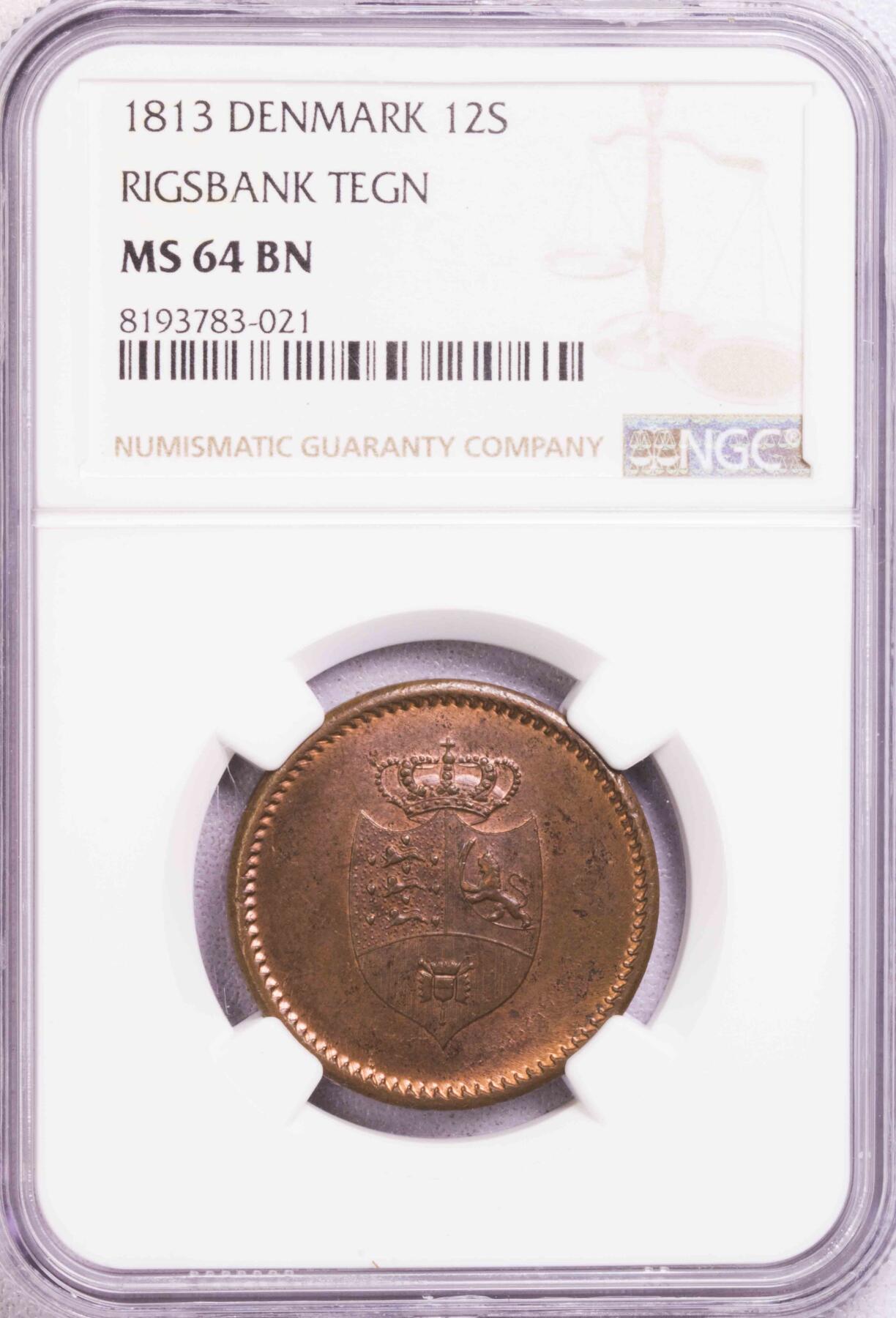 NGC-MS64BN 1813丹麦12SK铜币 亚军铜光 完美品