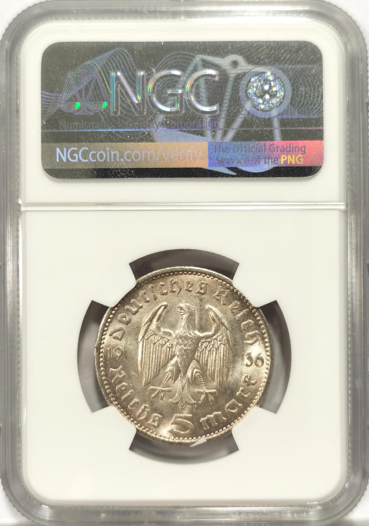 博洋堂世界钱币拍卖第086期（全场包邮） NGC MS64 德国第三帝国1936G兴登堡5马克，冠军分，最稀少年份和厂标。麦稀奇上同品种冠军分1900+