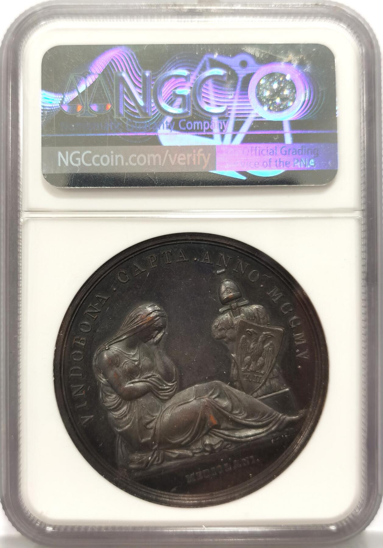 博洋堂世界钱币拍卖第086期（全场包邮） NGC AU58BN 1805年拿破仑占领维也纳纪念铜章，精美巧克力包浆！