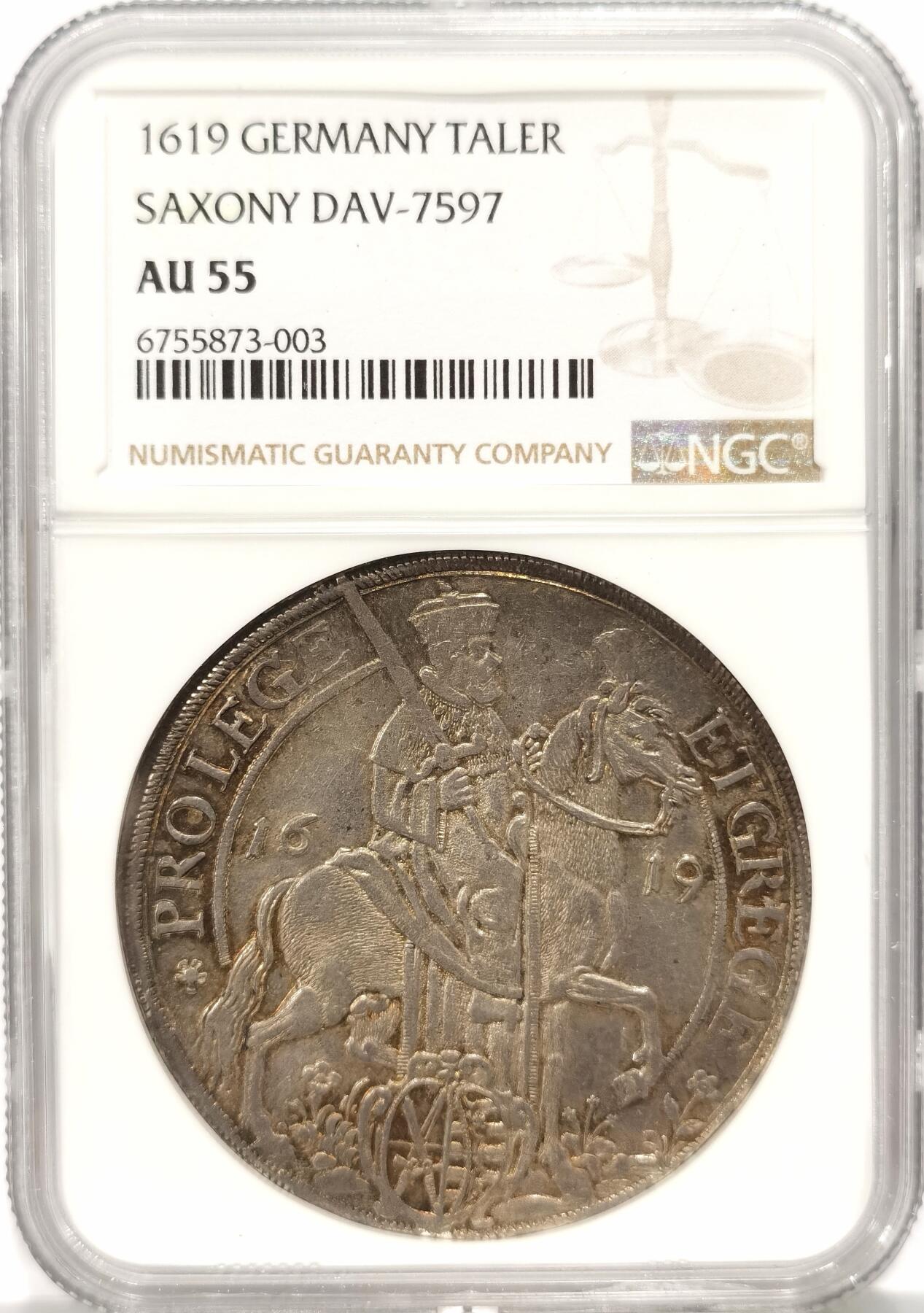 博洋堂世界钱币拍卖第086期（全场包邮） NGC AU55 神罗萨克森1619年约翰乔治一世帝选侯骑马持剑老泰勒 单年份版别 克劳斯目录XF45 975美刀 NGC评级榜亚军分 五彩包浆！