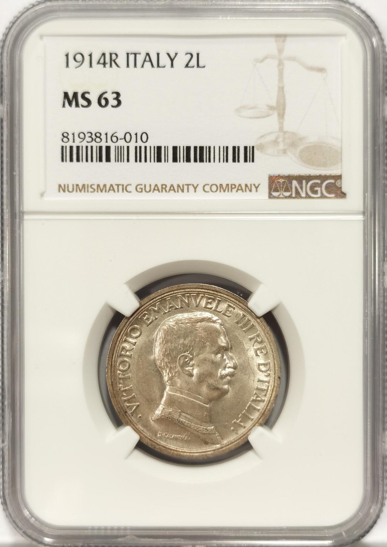 博洋堂世界钱币拍卖第086期（全场包邮） NGC MS63 意大利1914年2里拉马车银币，经典设计，入门好品