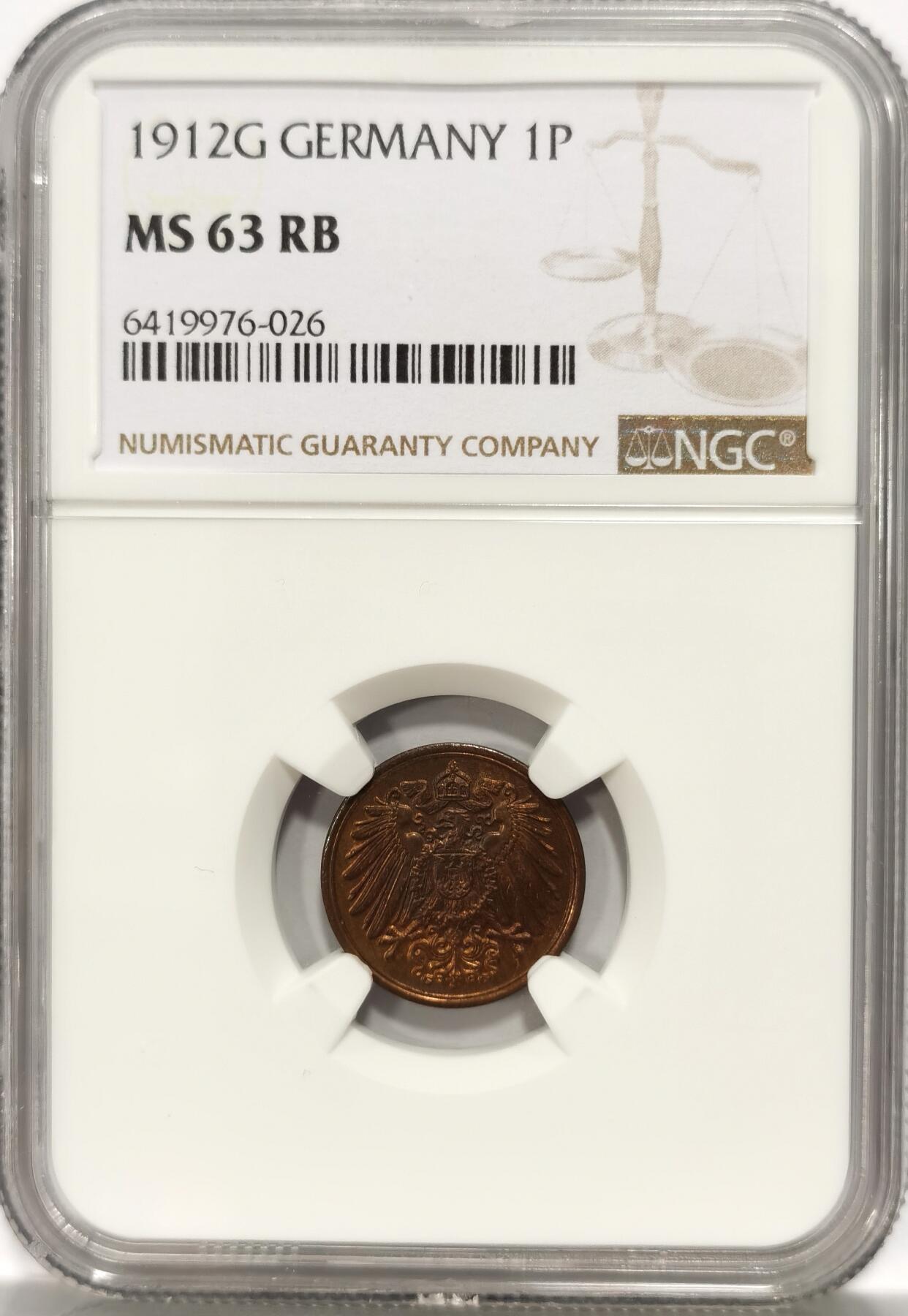 博洋堂世界钱币拍卖第086期（全场包邮） NGC MS63RB 德国德意志第二帝国1912年G1芬尼铜币