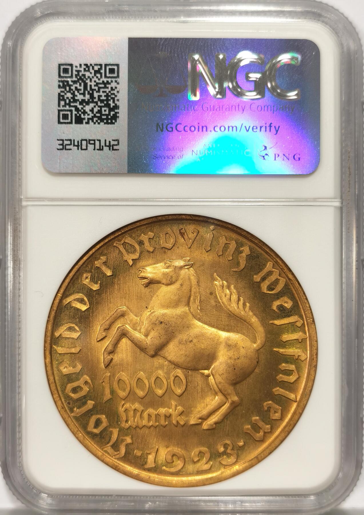 博洋堂世界钱币拍卖第086期（全场包邮） NGC MS64 德国魏玛1923年鎏金大铜马10000马克