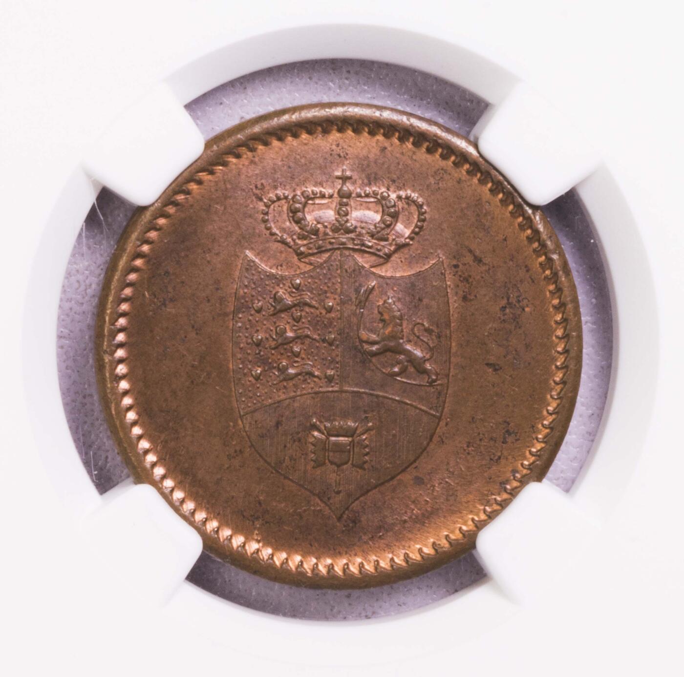 NGC-MS64BN 1813丹麦12SK铜币 亚军铜光 完美品