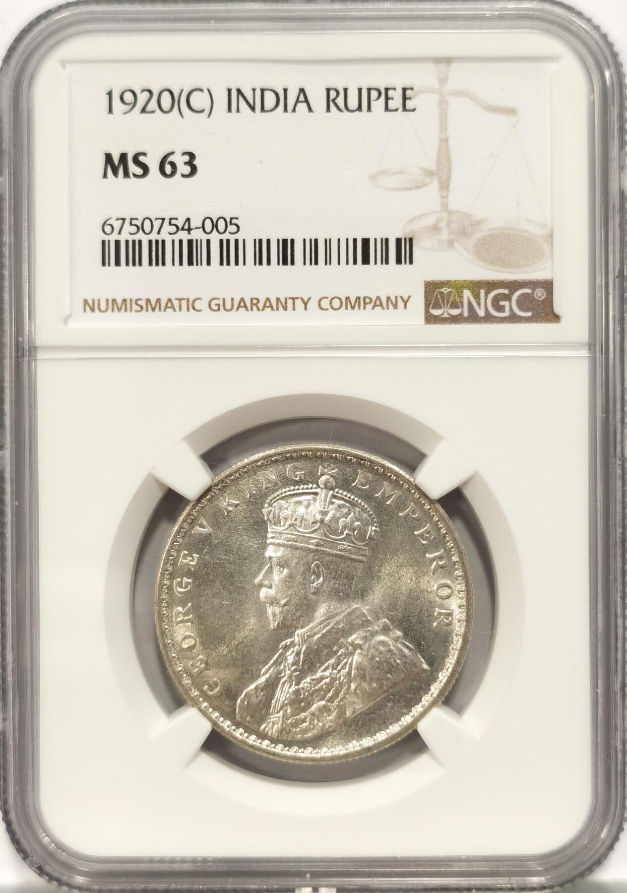 博洋堂世界钱币拍卖第086期（全场包邮） NGC MS63 英属印度1920年C乔五卢比 原光好品相