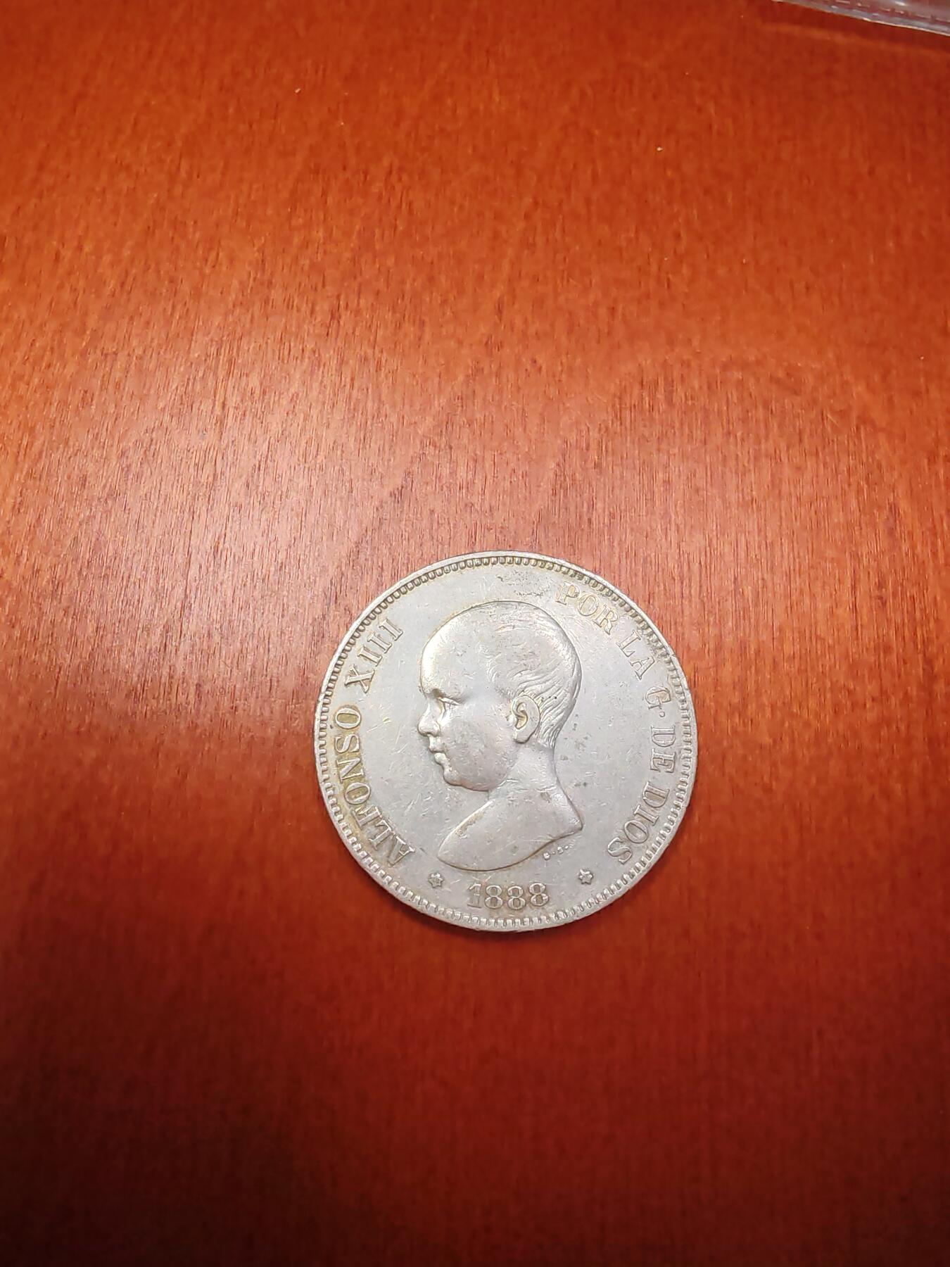 长老汇龙年精选第十六场拍卖 1888西班牙阿方索十三世娃娃头5比塞塔银币，UNC
