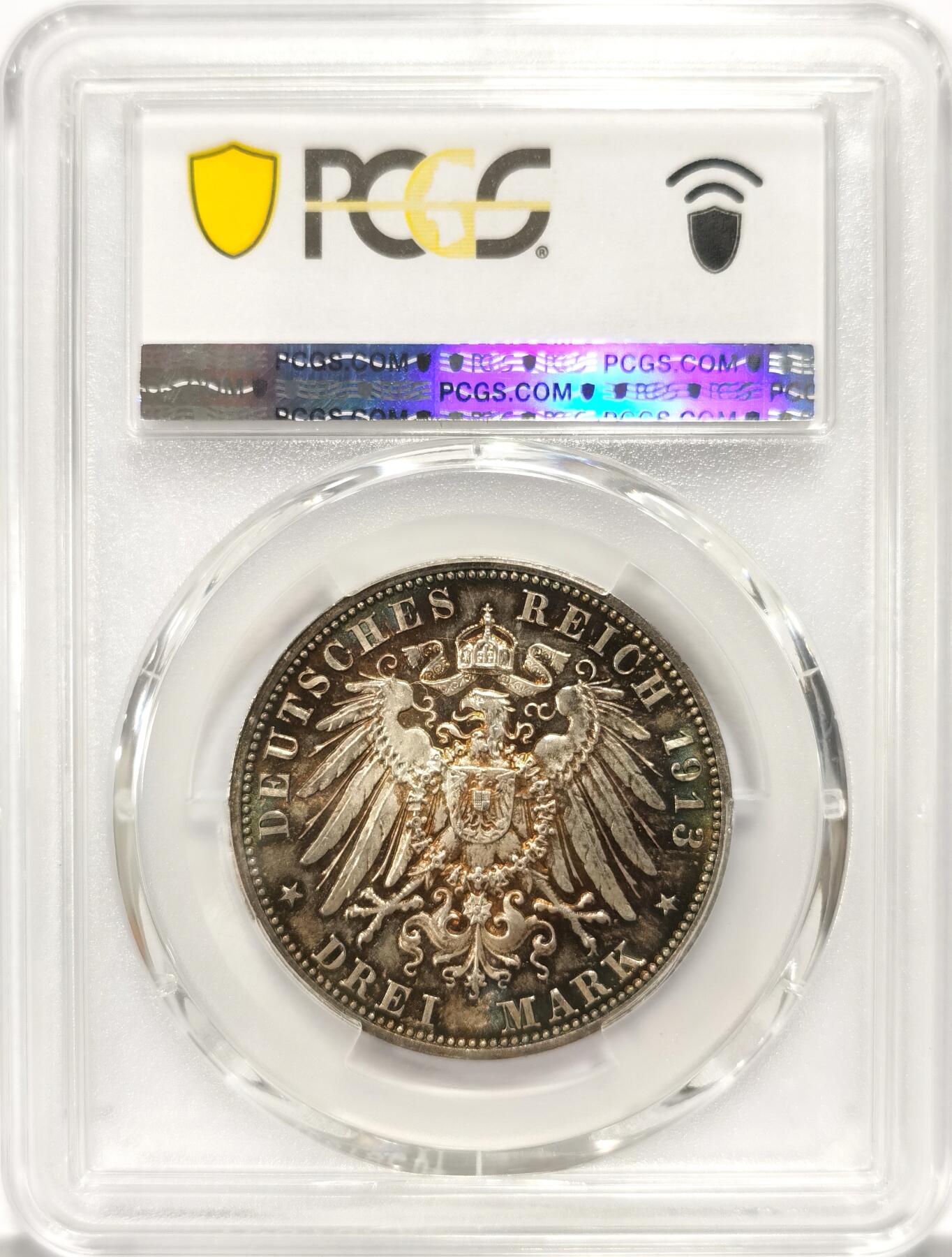 博洋堂世界钱币拍卖第086期（全场包邮） PCGS MS65 德国萨克森1913年莱比锡建功碑3马克银币 超级炫彩