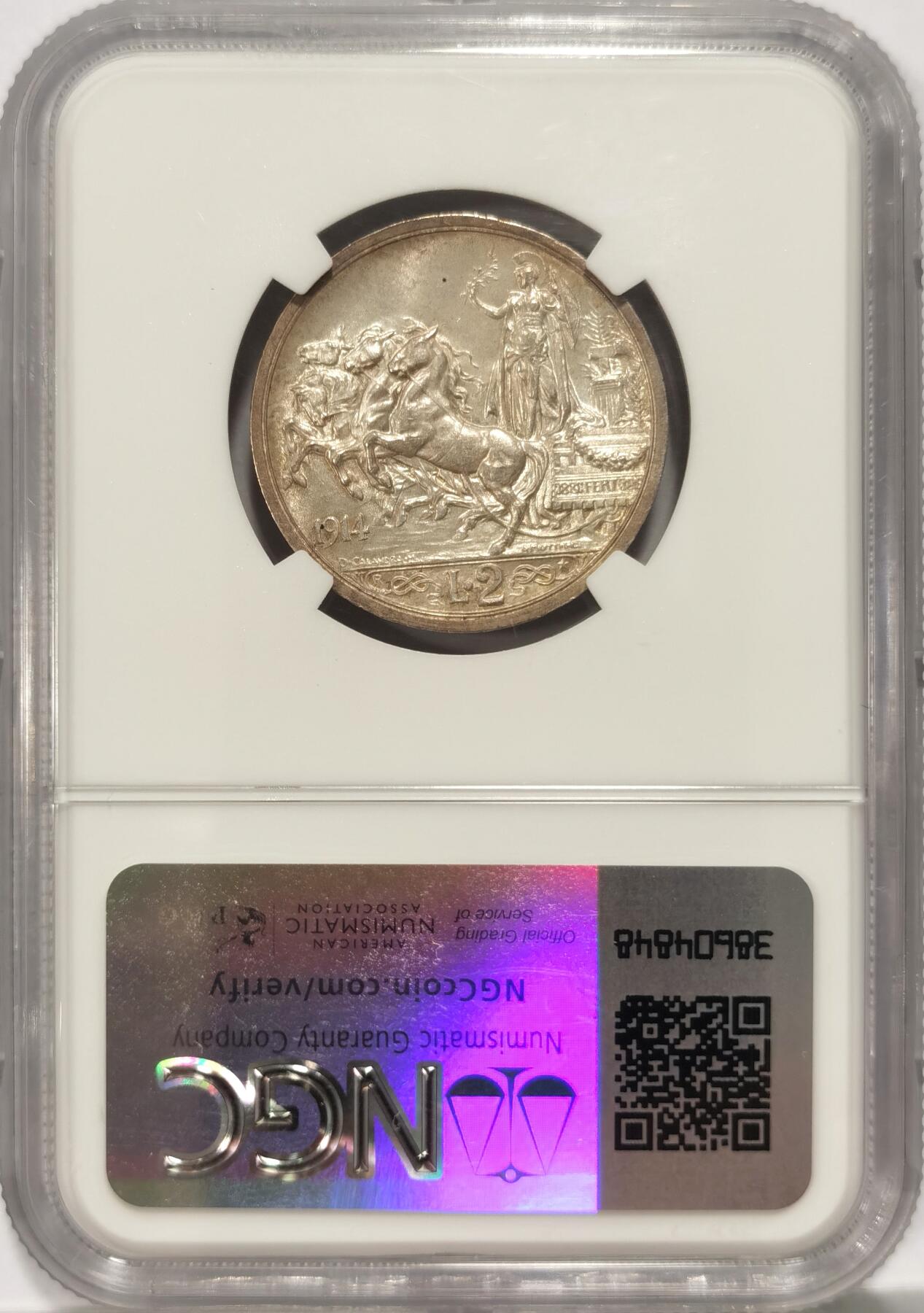 博洋堂世界钱币拍卖第086期（全场包邮） NGC MS63 意大利1914年2里拉马车银币，经典设计，入门好品