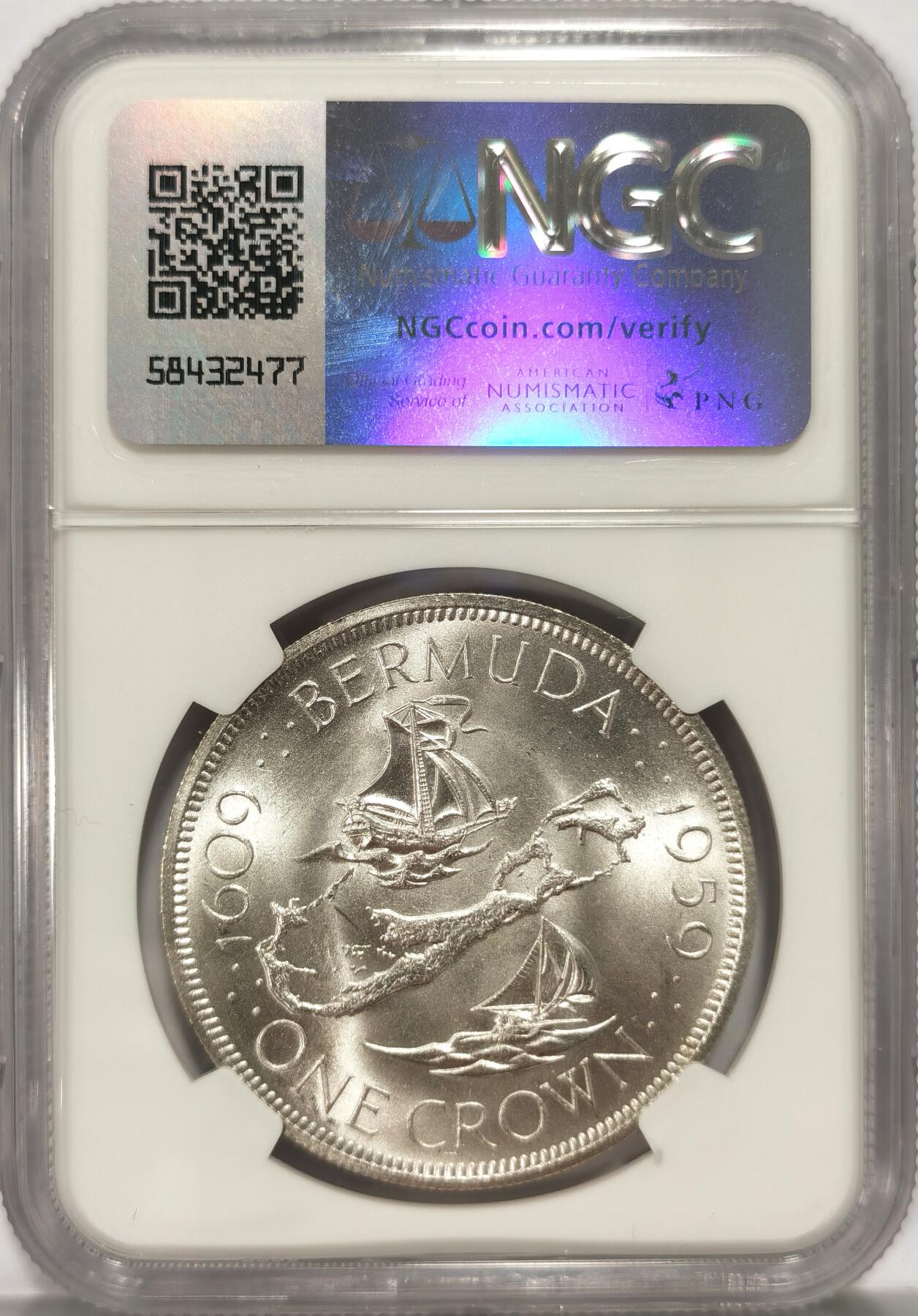 博洋堂世界钱币拍卖第086期（全场包邮） NGC MS67 英属百慕大1959年伊丽莎白二世1克朗银币，殖民地发现350周年纪念，巅峰级分数2