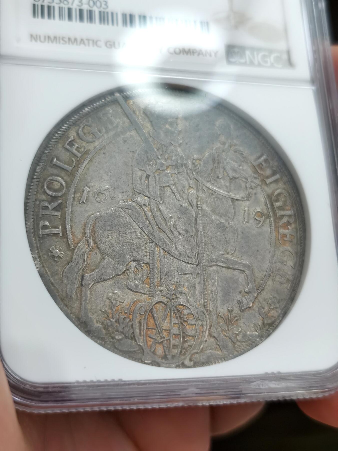 博洋堂世界钱币拍卖第086期（全场包邮） NGC AU55 神罗萨克森1619年约翰乔治一世帝选侯骑马持剑老泰勒 单年份版别 克劳斯目录XF45 975美刀 NGC评级榜亚军分 五彩包浆！