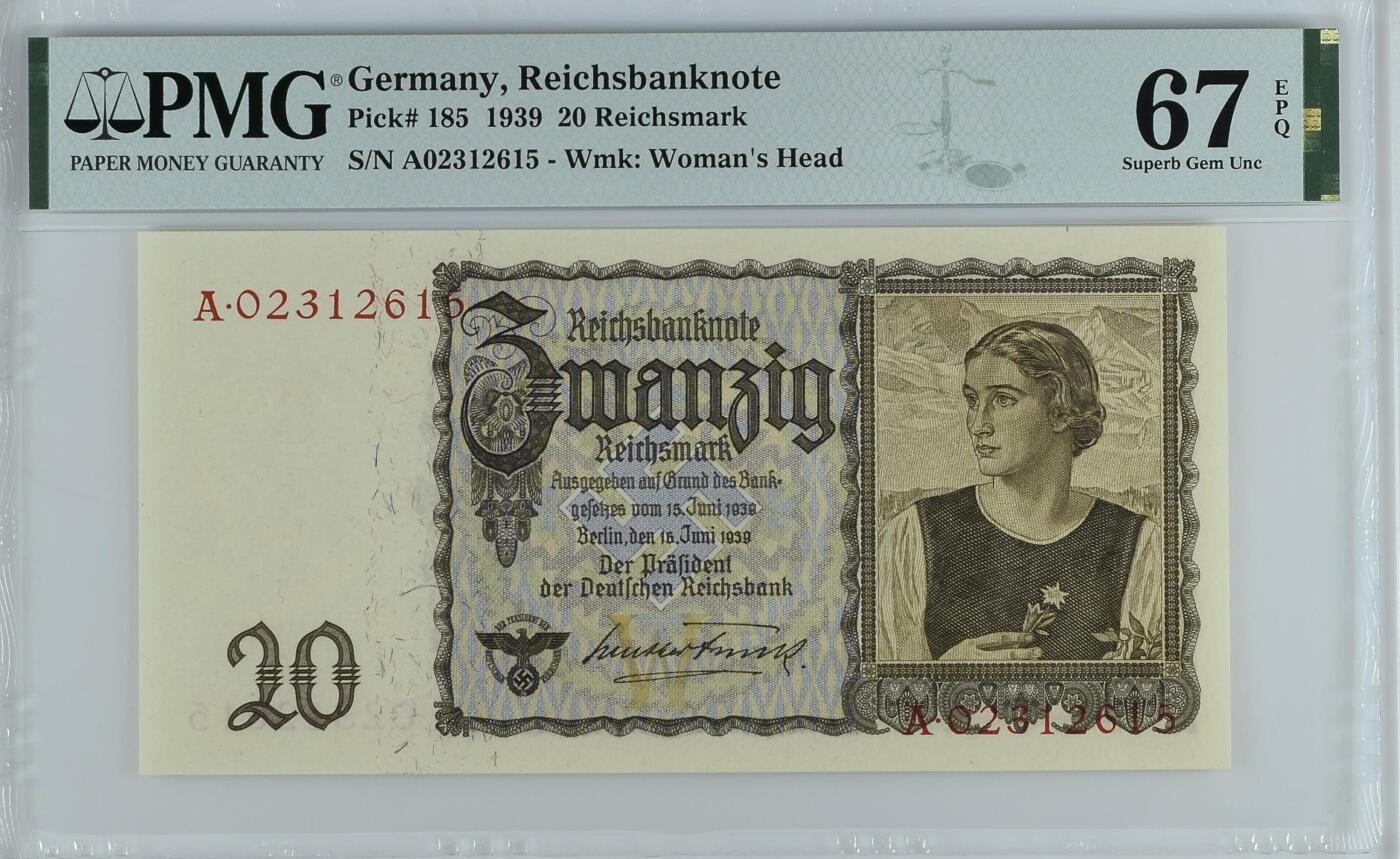收藏联盟Quantum Auction 第366期拍卖  德国1939年100马克首发A冠 PMG67 号码无47