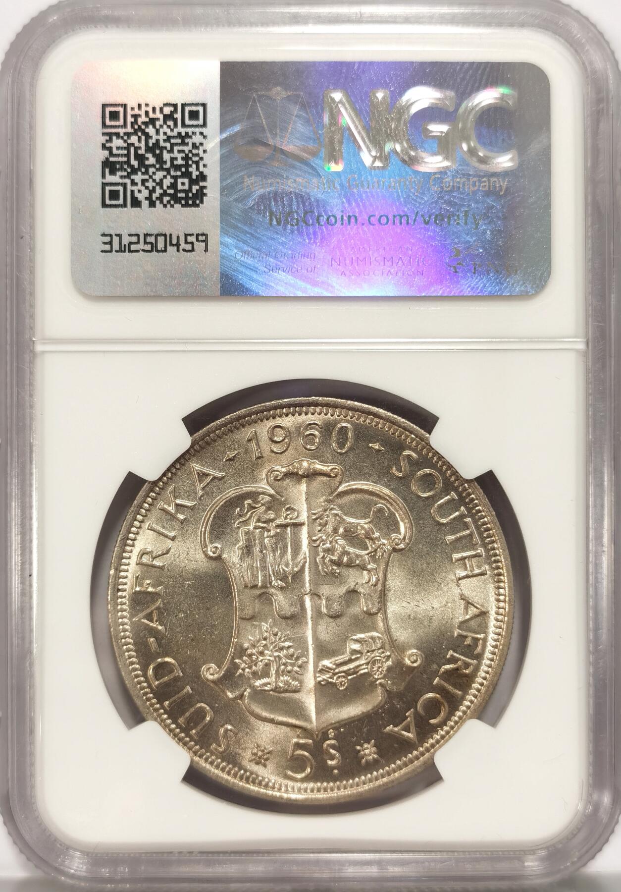 博洋堂世界钱币拍卖第108期（全场包邮） NGC MS65 南非1960年联盟成立50周年5先令大银币