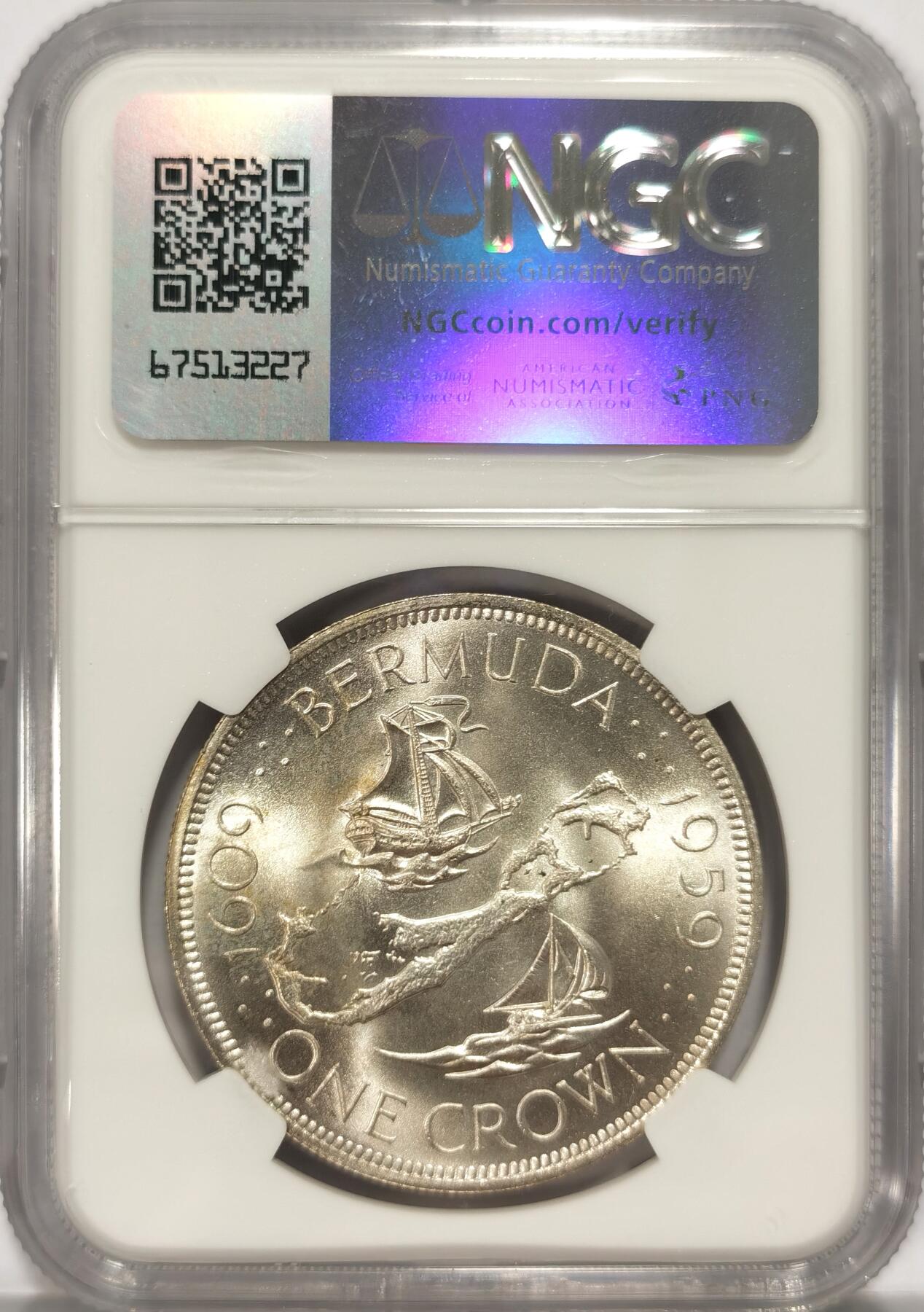 博洋堂世界钱币拍卖第086期（全场包邮） NGC MS67 英属百慕大1959年伊丽莎白二世1克朗银币，殖民地发现350周年纪念，巅峰级分数1