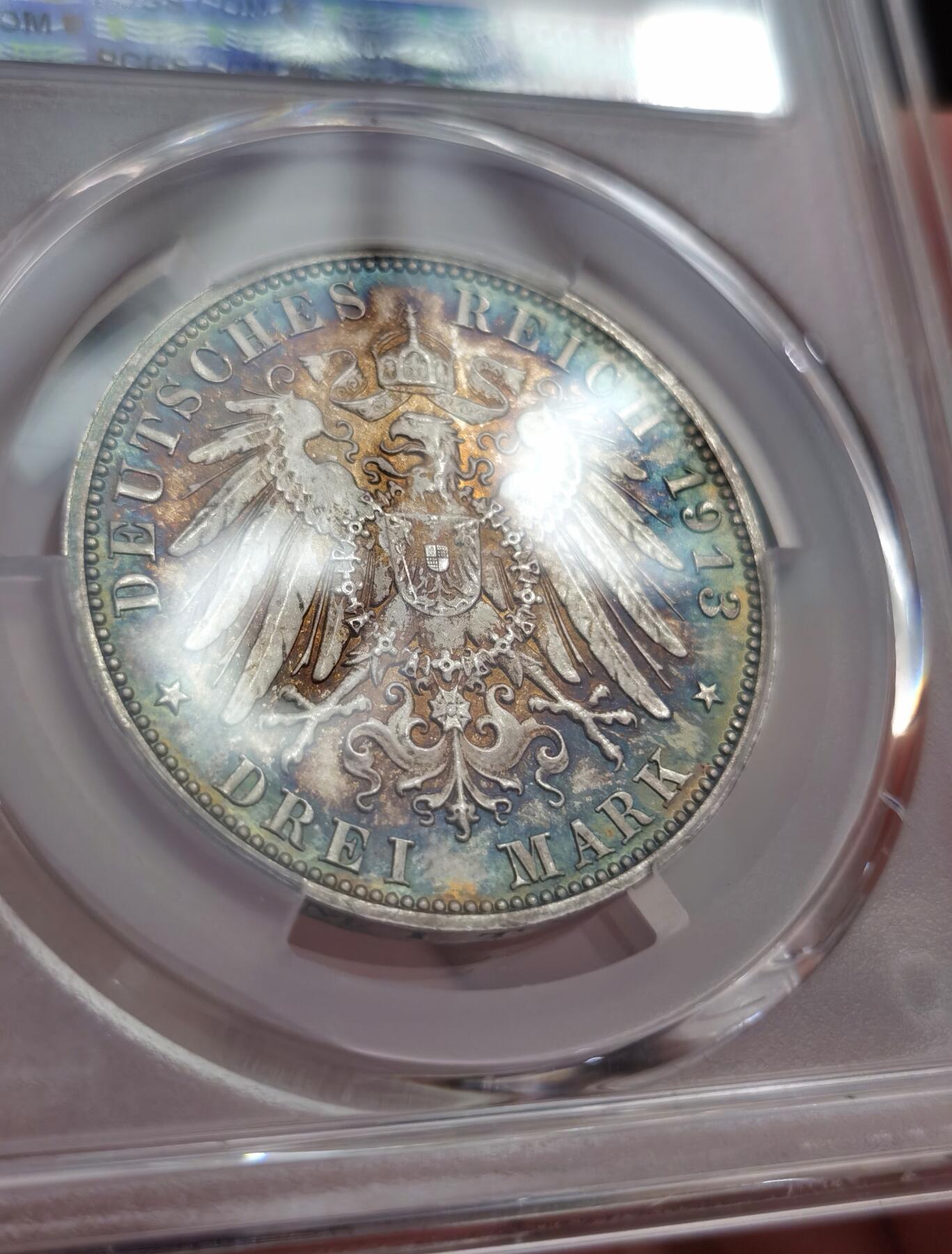 博洋堂世界钱币拍卖第086期（全场包邮） PCGS MS65 德国萨克森1913年莱比锡建功碑3马克银币 超级炫彩