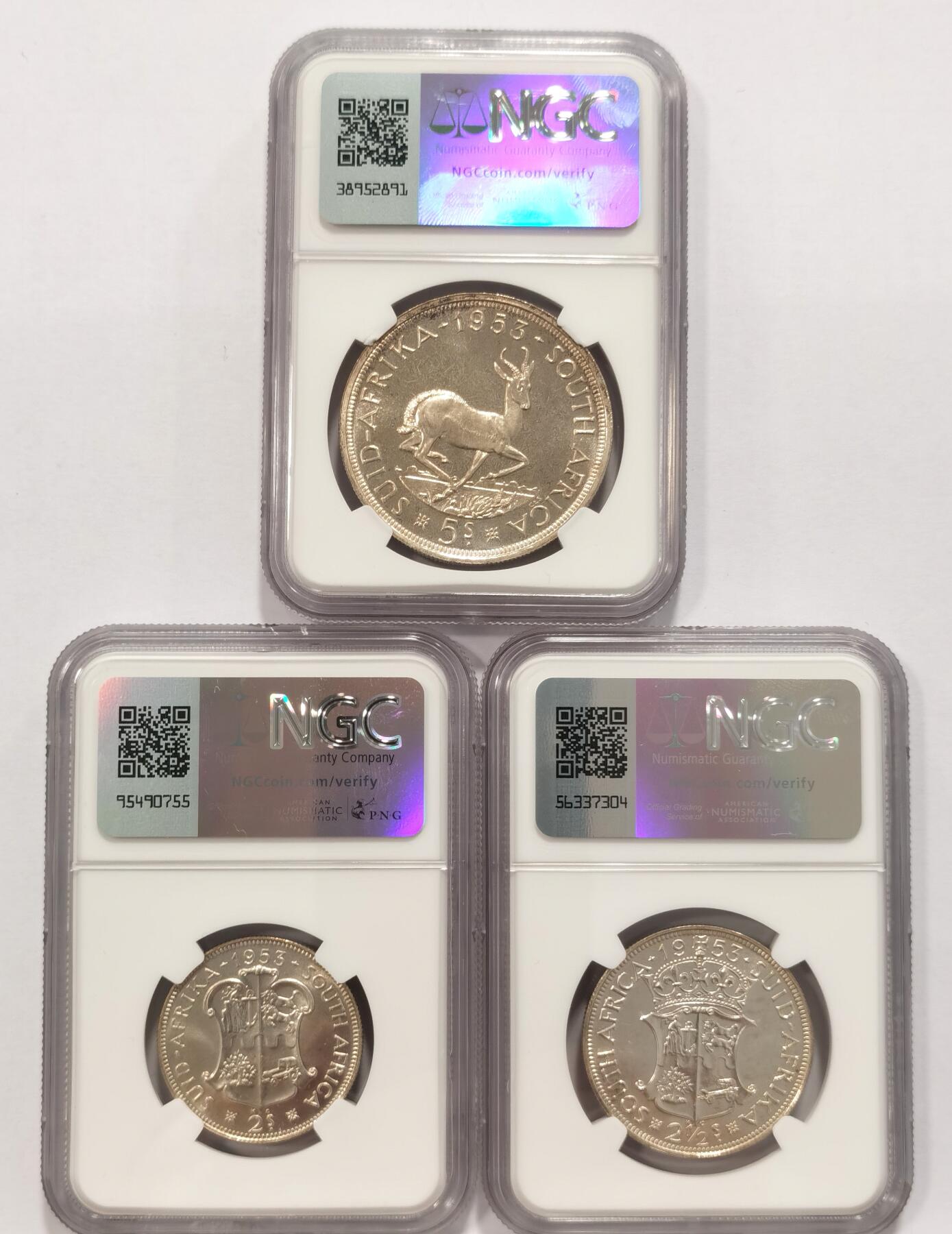 博洋堂世界钱币拍卖第086期（全场包邮） NGC PF64-66 英属南非1953年女王登基纪念套币 伊丽莎白二世 5先令-1/4便士 唯美的青年女王肖像一套集齐 状态一绝 女王版高分难得 附带原始绒布盒 套币玩家不容错过