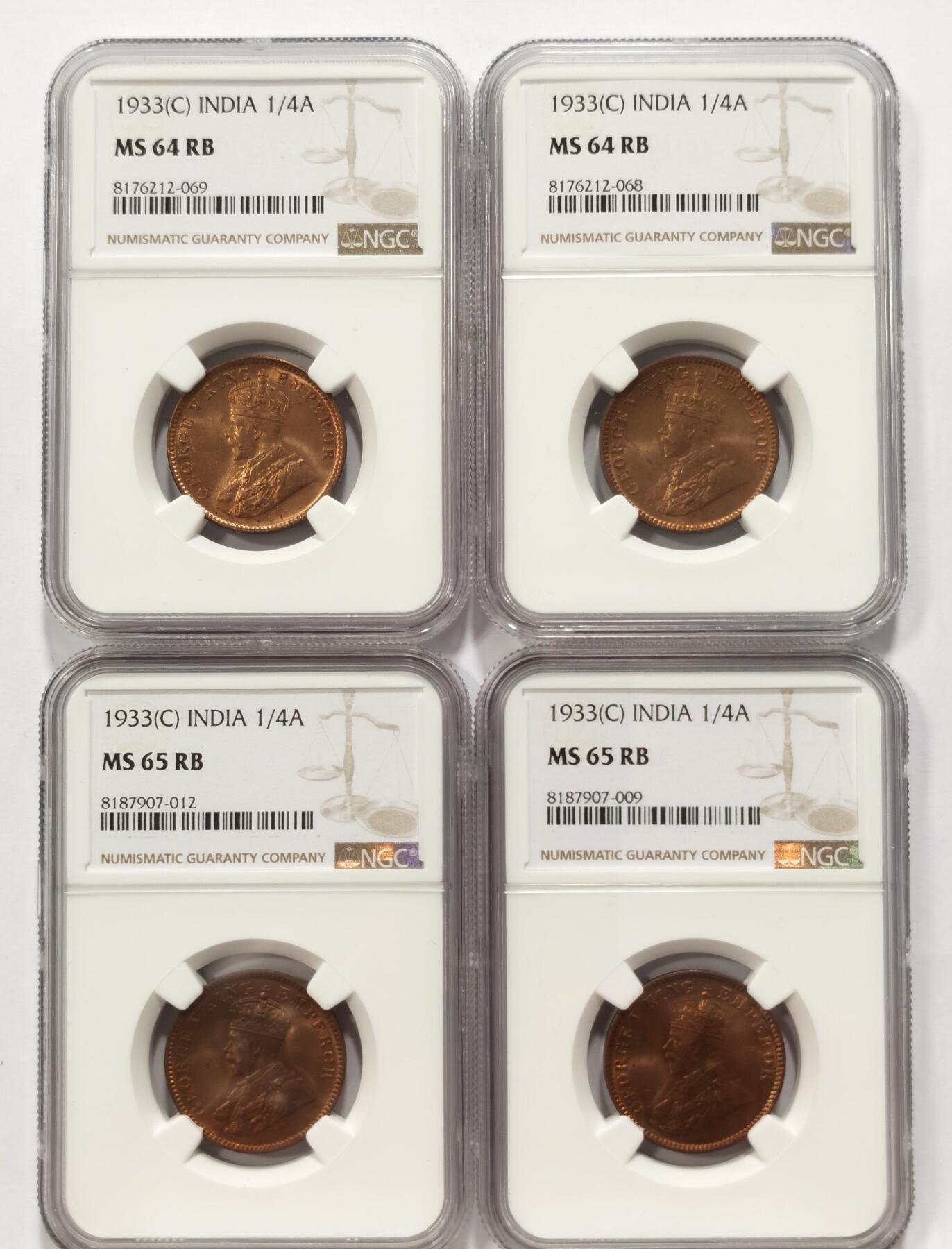 博洋堂世界钱币拍卖第086期（全场包邮） 4枚一起 NGC MS64/65RB 英属印度1933年C版乔治五世1/4安铜币 原光BU美品 自然氧化