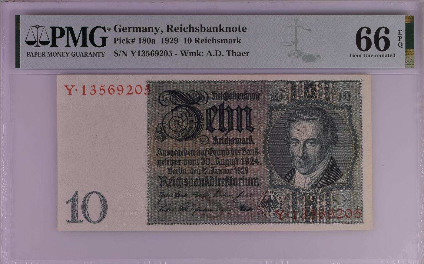 收藏联盟Quantum Auction 第366期拍卖  德国1929年10马克 PMG66 