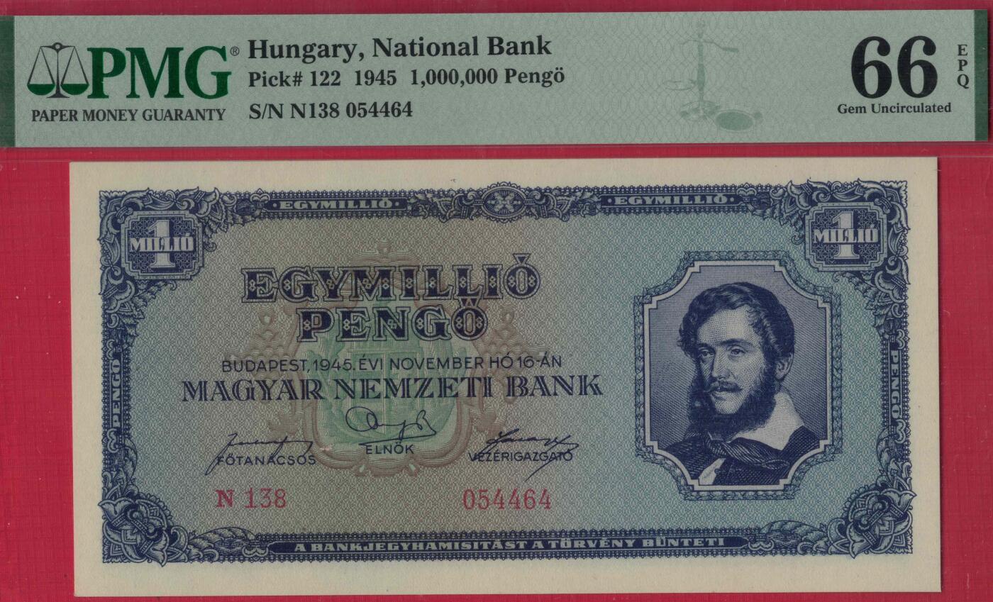 匈牙利1945年100万潘戈(1000000潘戈) P-122 欧洲纸币 实物图 UNC