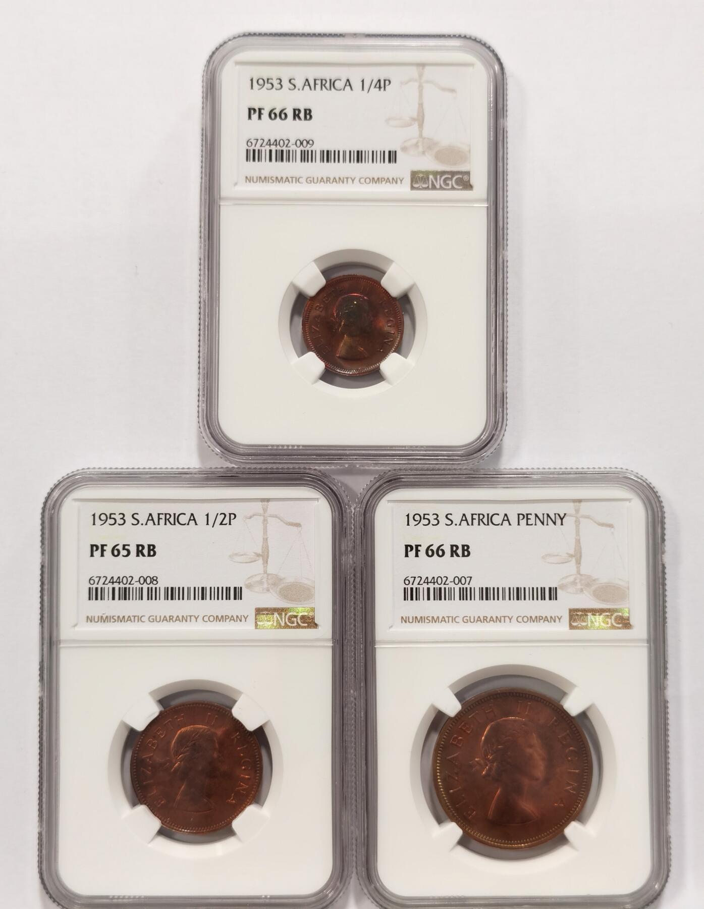 博洋堂世界钱币拍卖第086期（全场包邮） NGC PF64-66 英属南非1953年女王登基纪念套币 伊丽莎白二世 5先令-1/4便士 唯美的青年女王肖像一套集齐 状态一绝 女王版高分难得 附带原始绒布盒 套币玩家不容错过
