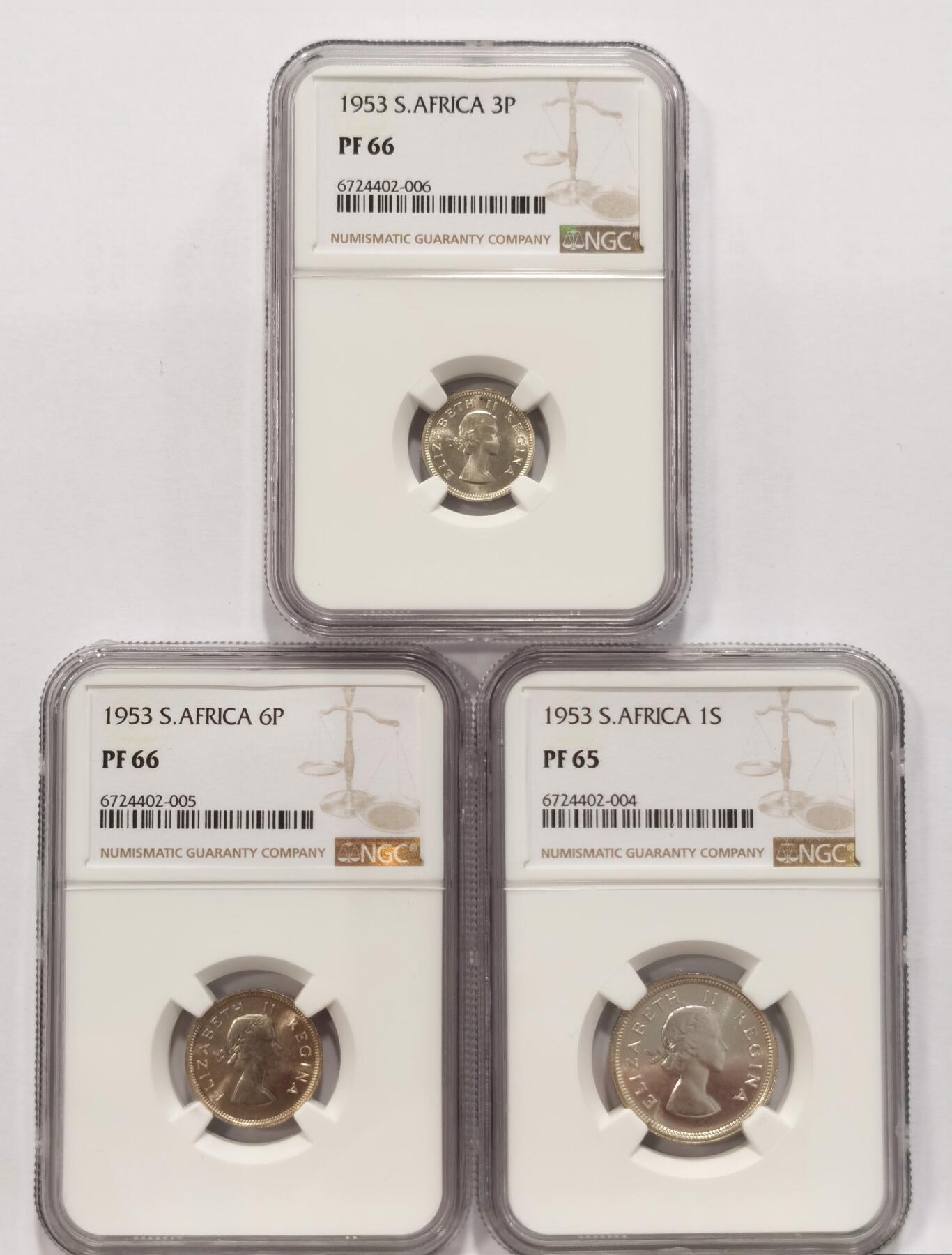 博洋堂世界钱币拍卖第086期（全场包邮） NGC PF64-66 英属南非1953年女王登基纪念套币 伊丽莎白二世 5先令-1/4便士 唯美的青年女王肖像一套集齐 状态一绝 女王版高分难得 附带原始绒布盒 套币玩家不容错过