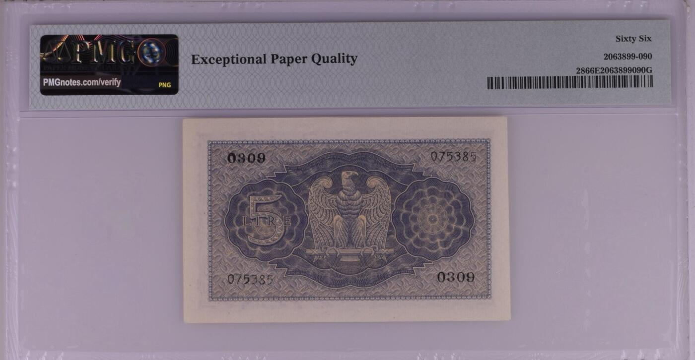 收藏联盟Quantum Auction 第366期拍卖  意大利1940-44年5里拉 PMG66 全程无4