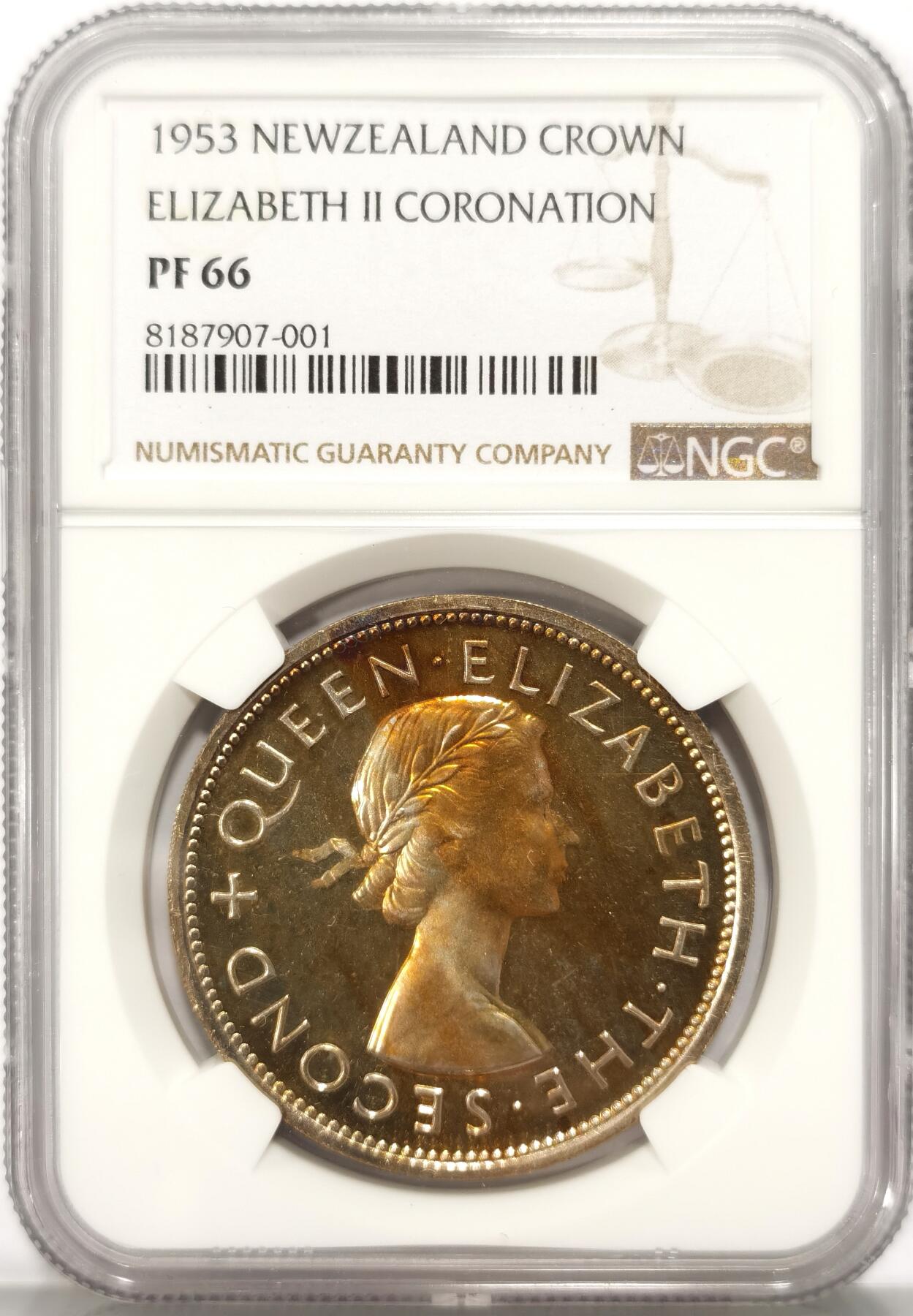 博洋堂世界钱币拍卖第086期（全场包邮） NGC PF66 新西兰1953年伊丽莎白二世1克朗镍币 登基纪念 发行量远低于本土登基精制套币 高分收藏级