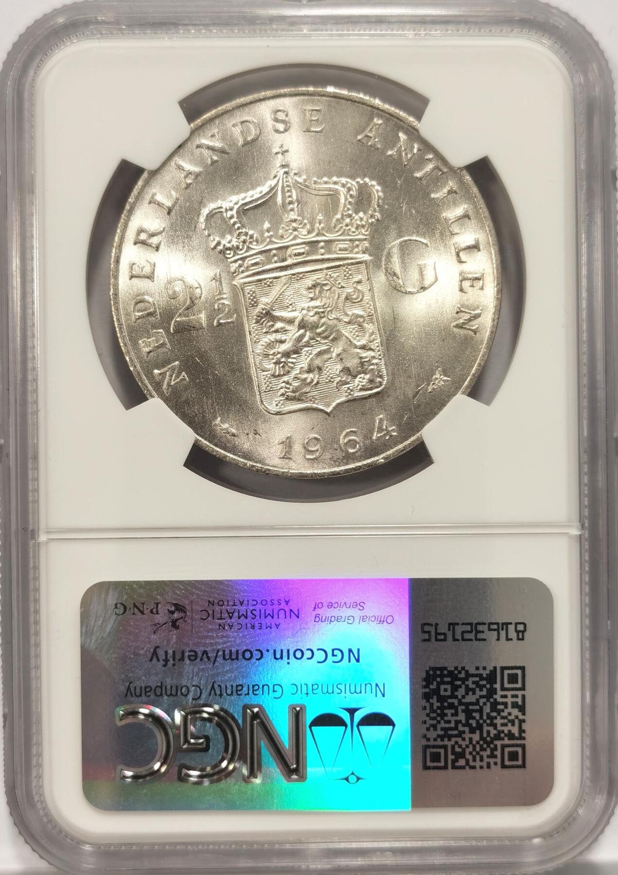 博洋堂世界钱币拍卖第086期（全场包邮） NGC MS64 荷属安的列斯1964年朱莉安娜女王2.5盾银币