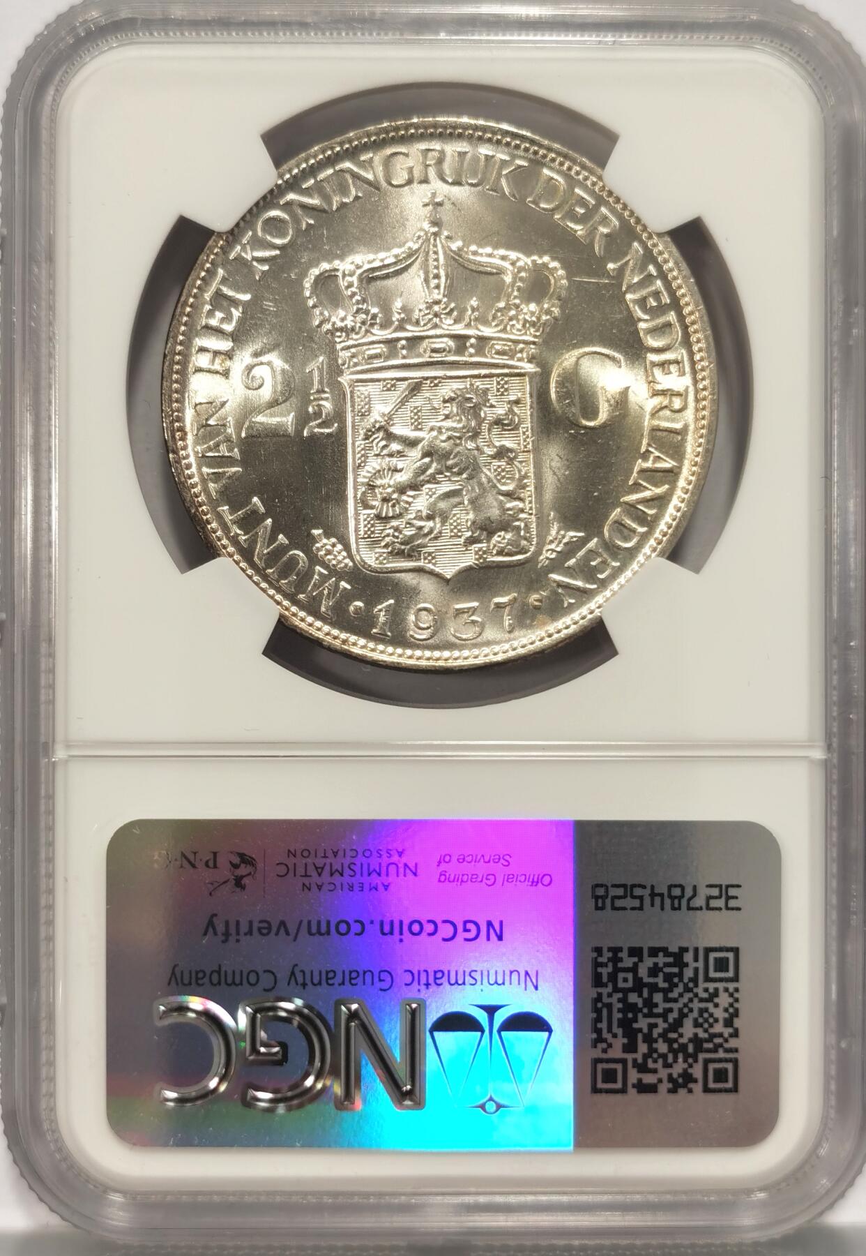 博洋堂世界钱币拍卖第086期（全场包邮） NGC MS61 荷兰1937年威廉明娜女王2.5盾大银币，状态出众，低评