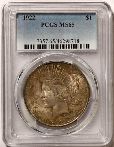 紫瑗钱币——第534期 - 美国 1922年 和平鸽 1元 银币 PCGS MS65 老盒 65难度比摩根高 五彩包浆