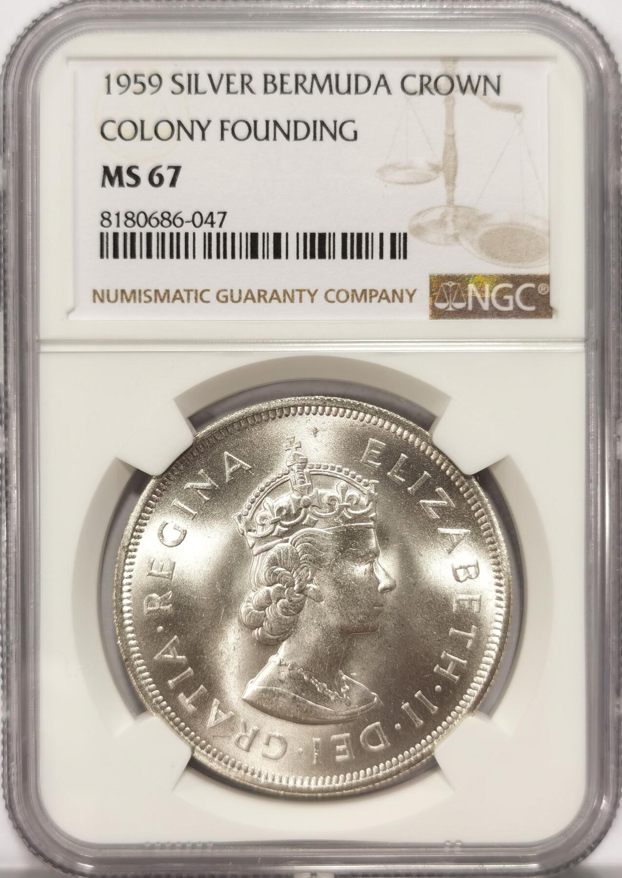 博洋堂世界钱币拍卖第086期（全场包邮） NGC MS67 英属百慕大1959年伊丽莎白二世1克朗银币，殖民地发现350周年纪念，巅峰级分数2
