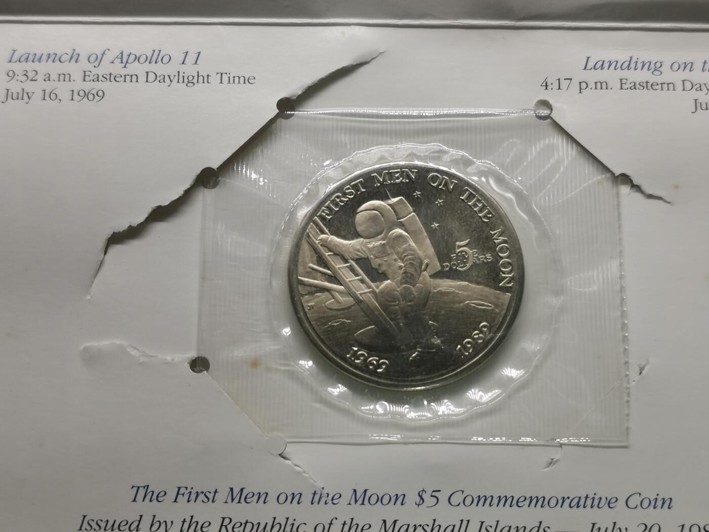 四叶草钱币 首拍 散币小银币 马绍尔1989年人类首次登月20周年5元铜镍币 原封