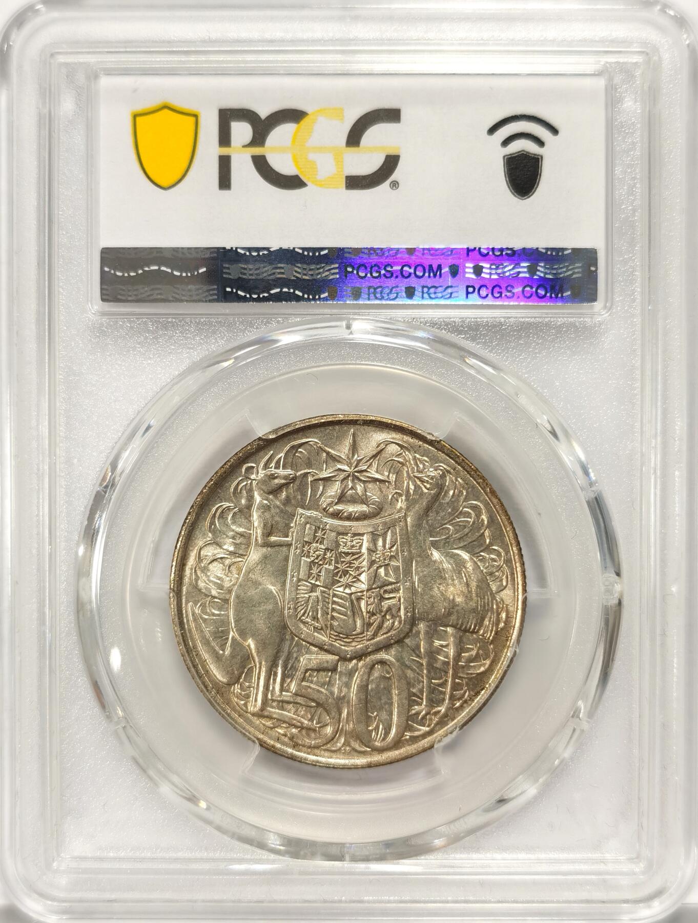 博洋堂世界钱币拍卖第086期（全场包邮） PCGS MS65 澳大利亚1966年伊丽莎白二世50分银币 80%银 仅发行一年 次年因成本高于面值改为镍币 黄油彩包浆美品