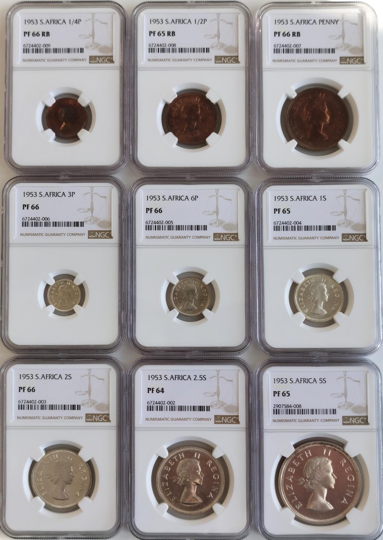博洋堂世界钱币拍卖第086期（全场包邮） NGC PF64-66 英属南非1953年女王登基纪念套币 伊丽莎白二世 5先令-1/4便士 唯美的青年女王肖像一套集齐 状态一绝 女王版高分难得 附带原始绒布盒 套币玩家不容错过