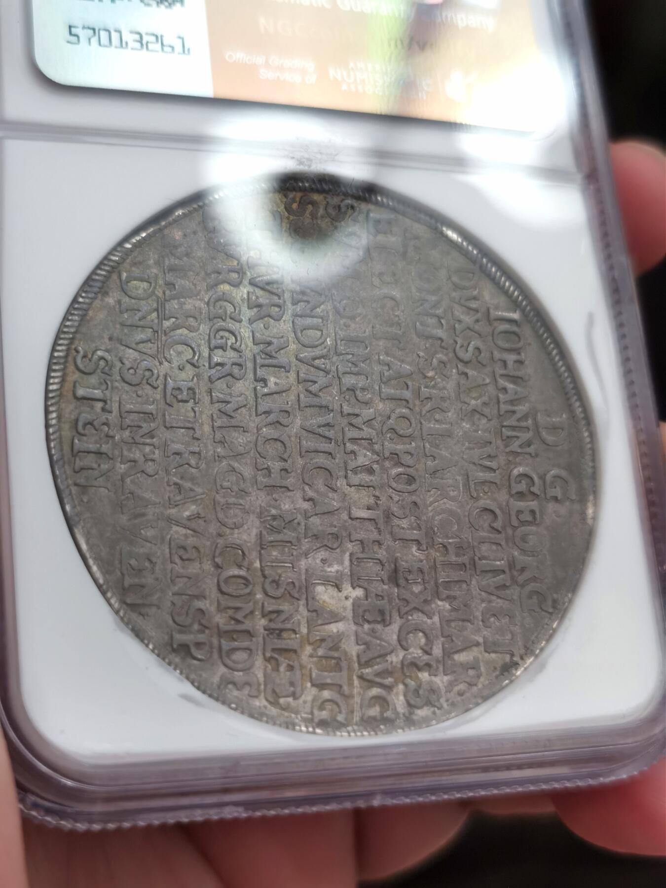 博洋堂世界钱币拍卖第086期（全场包邮） NGC AU55 神罗萨克森1619年约翰乔治一世帝选侯骑马持剑老泰勒 单年份版别 克劳斯目录XF45 975美刀 NGC评级榜亚军分 五彩包浆！