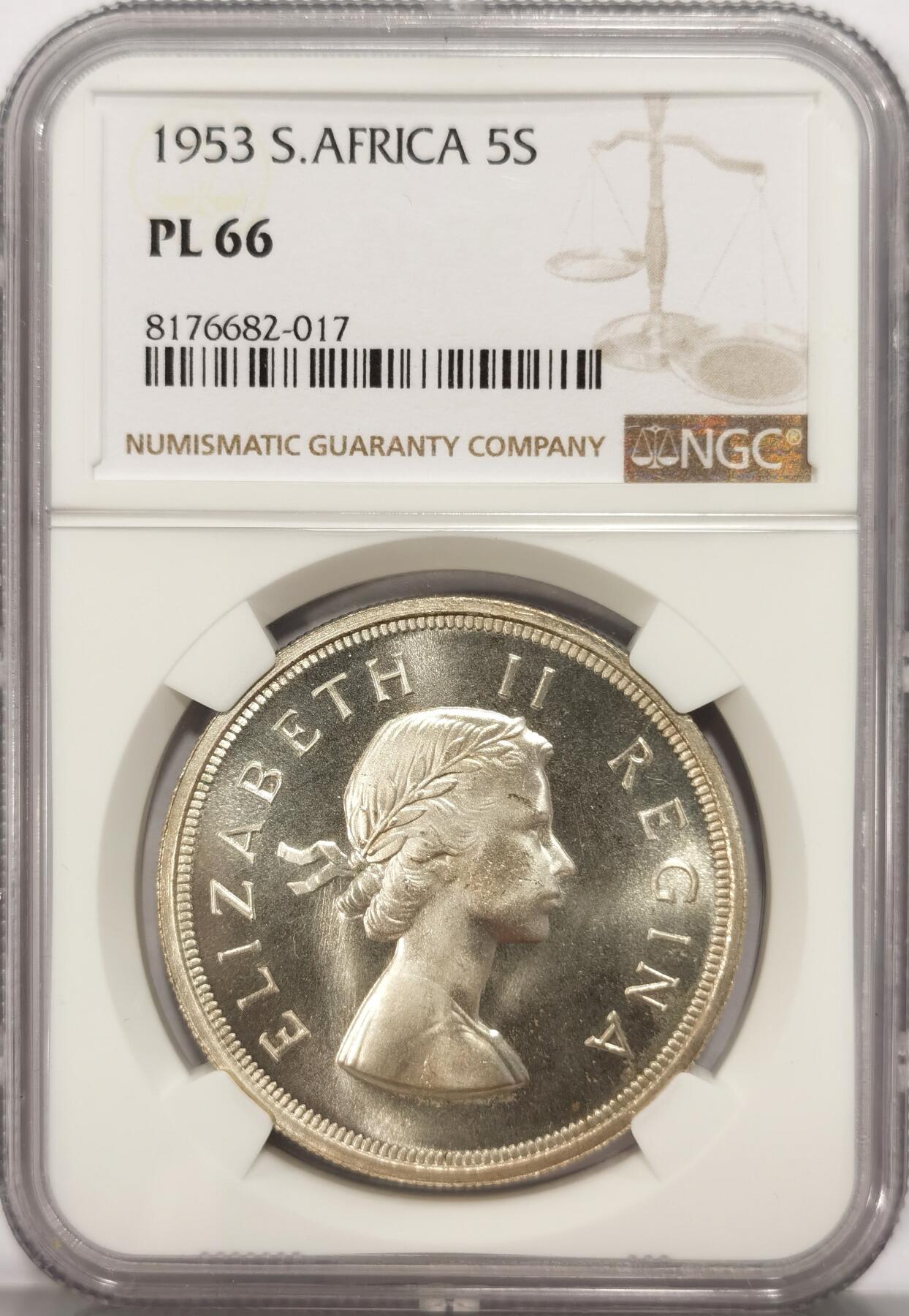 博洋堂世界钱币拍卖第086期（全场包邮） NGC PL66 英属南非1953年伊丽莎白二世5先令克朗银币 女王少女头像版 首年版 单独成套 超高分收藏级