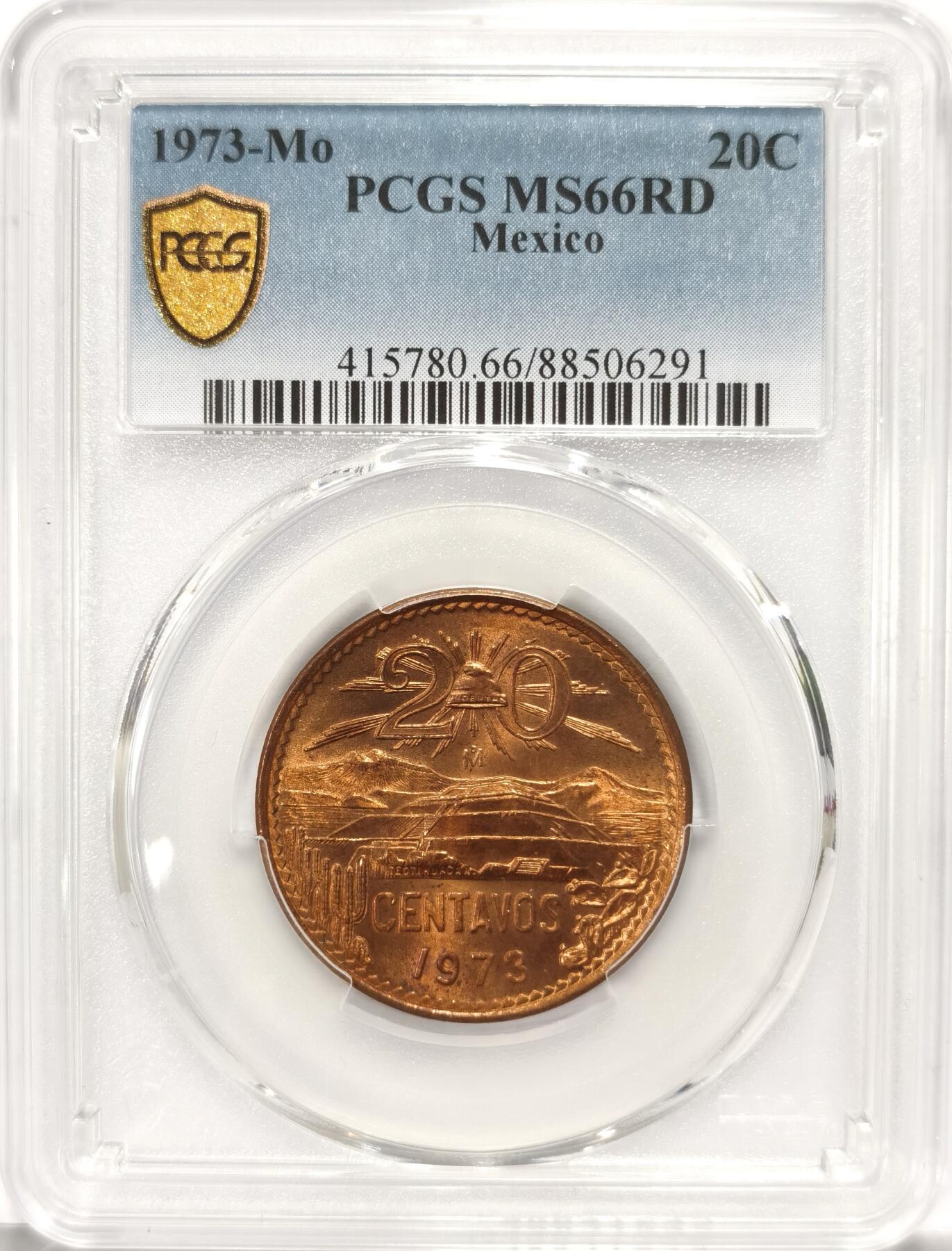 博洋堂世界钱币拍卖第086期（全场包邮） PCGS MS66RD 墨西哥1973年20分铜币，极品RD小鹰洋