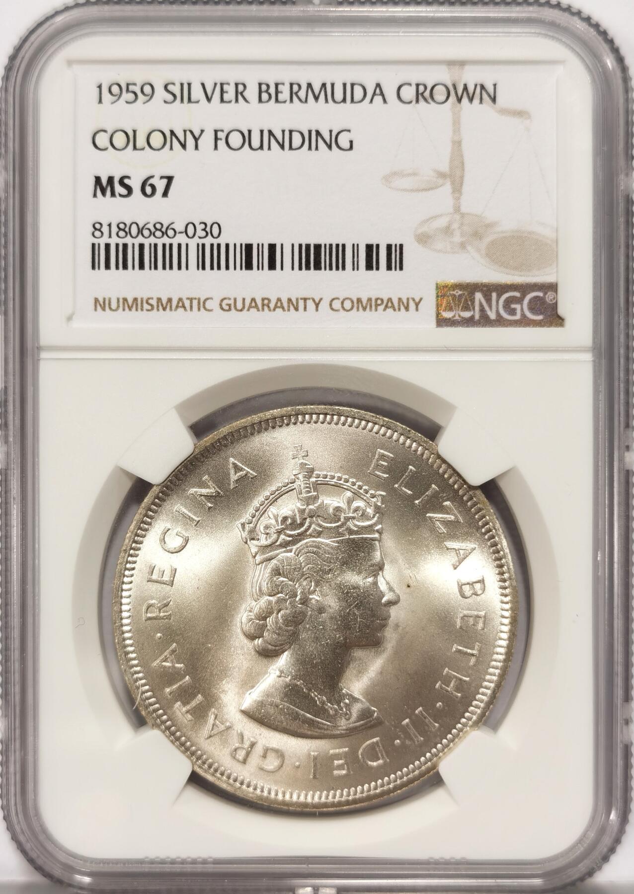 博洋堂世界钱币拍卖第086期（全场包邮） NGC MS67 英属百慕大1959年伊丽莎白二世1克朗银币，殖民地发现350周年纪念，巅峰级分数1